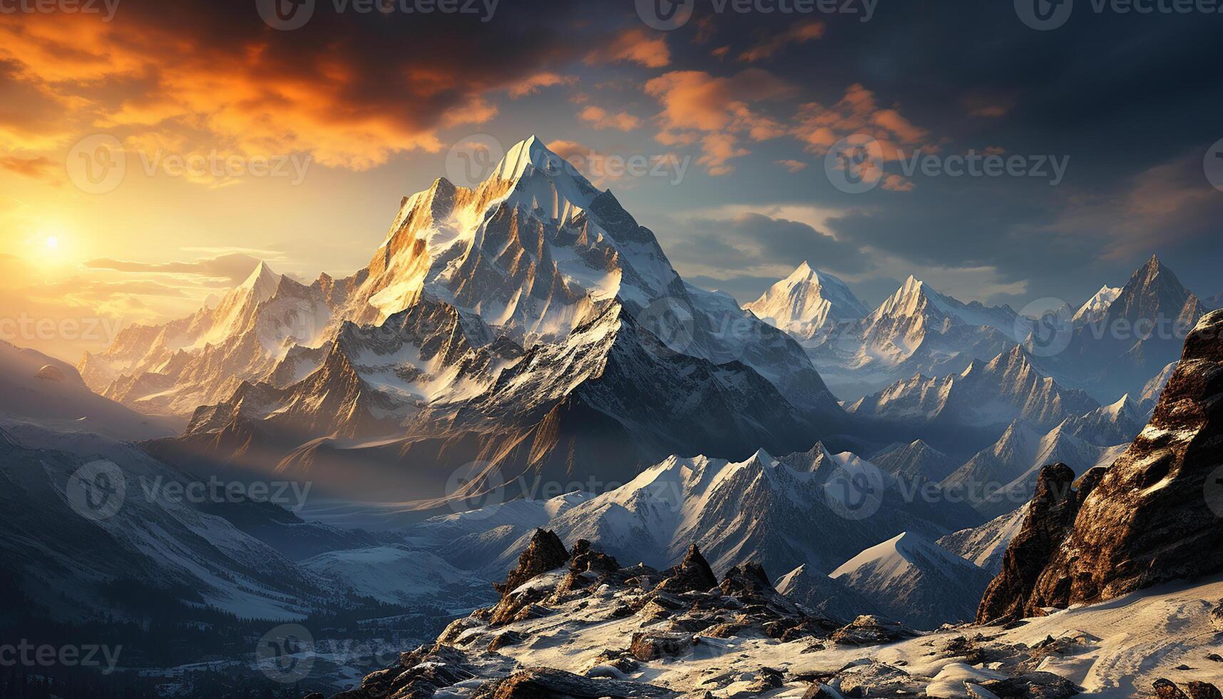 ai generado majestuoso montaña cima, nieve cubierto, puesta de sol pinturas tranquilo paisaje generado por ai foto