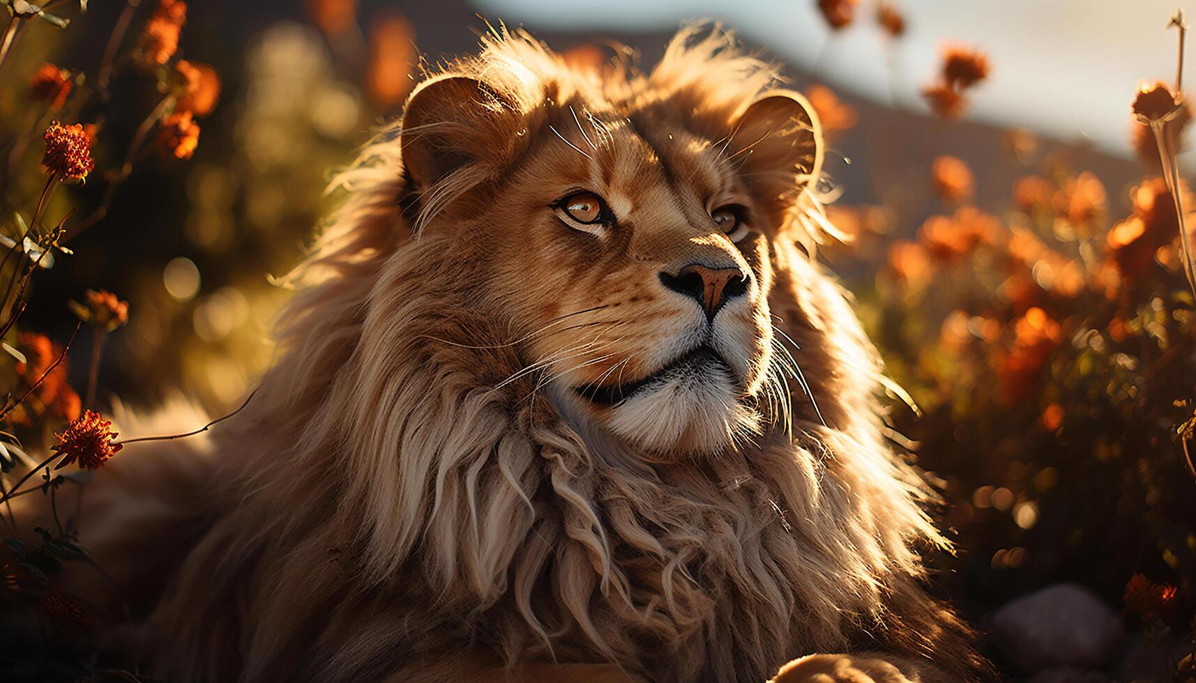 AI generated Majestic lion, king of the savannah, hides in the grass generated by AI photo