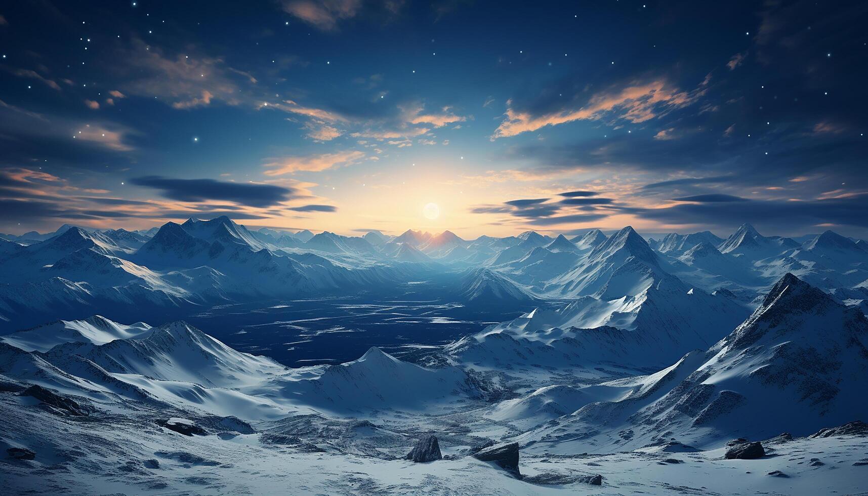 AI generated Majestic mountain peak, snow covered landscape, tranquil scene, panoramic beauty generated by AI photo