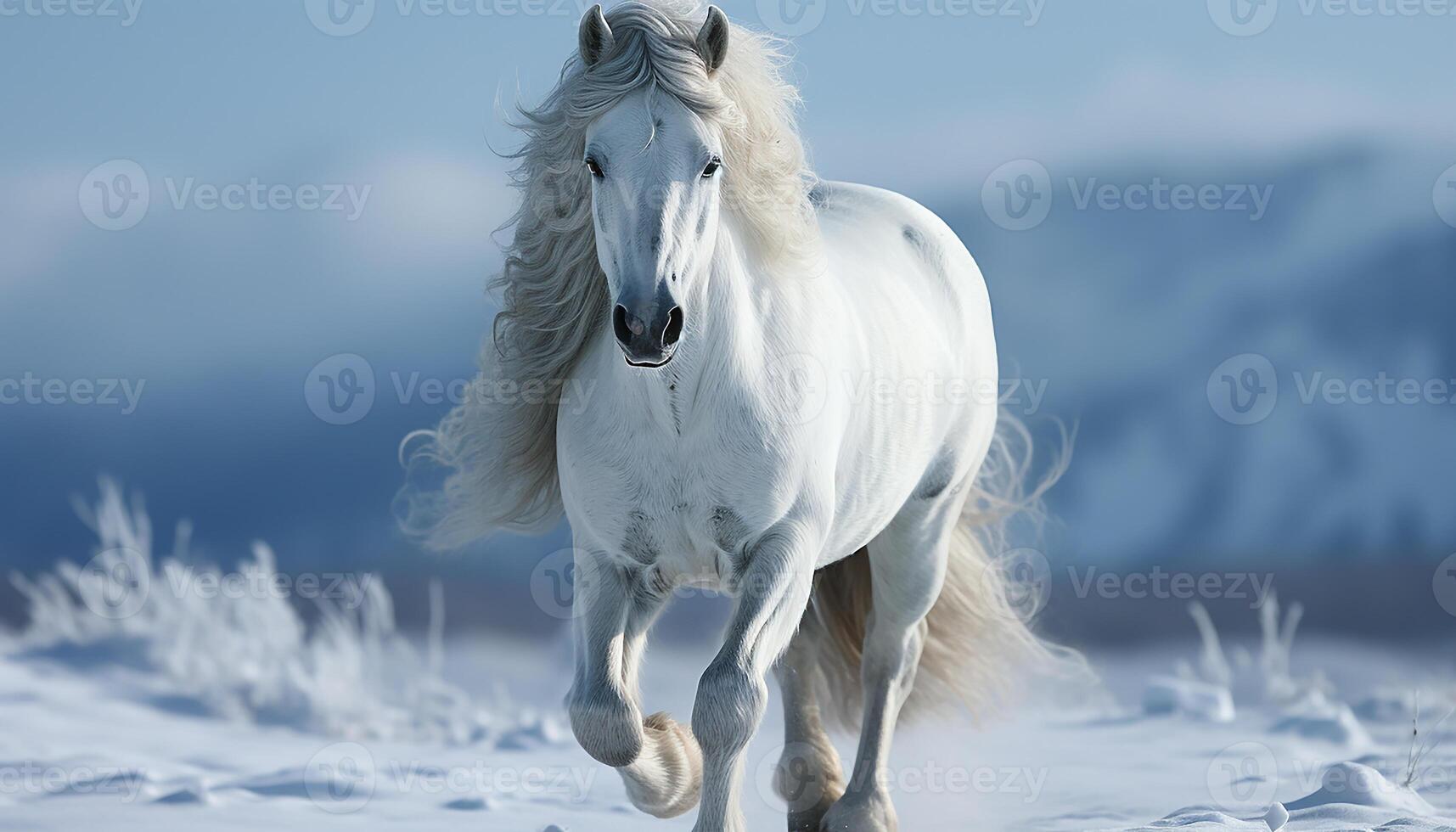 ai generado majestuoso semental corriendo gratis en Nevado montaña paisaje generado por ai foto