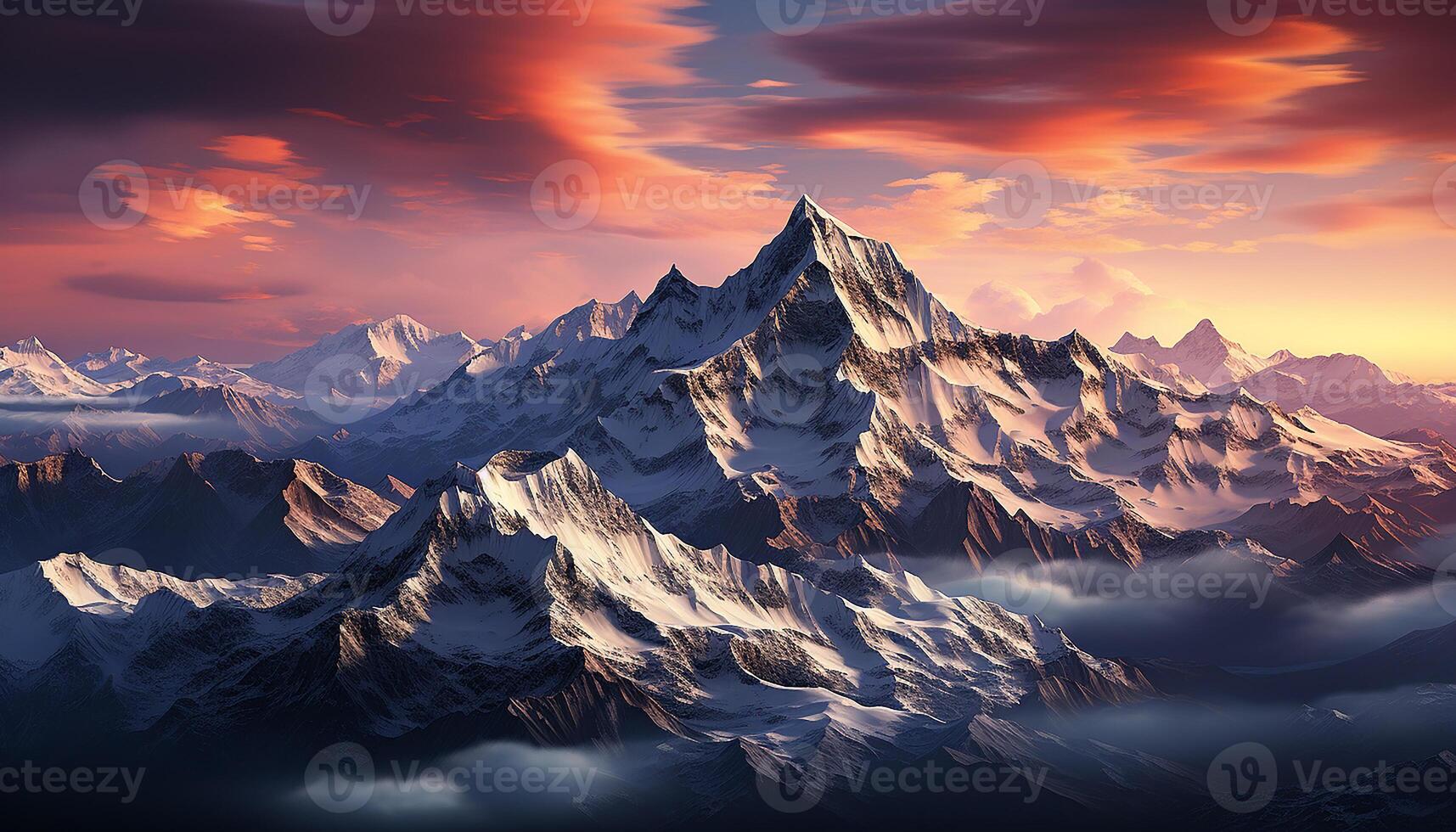 ai generado majestuoso montaña cima, naturaleza belleza en panorámico puesta de sol cielo generado por ai foto