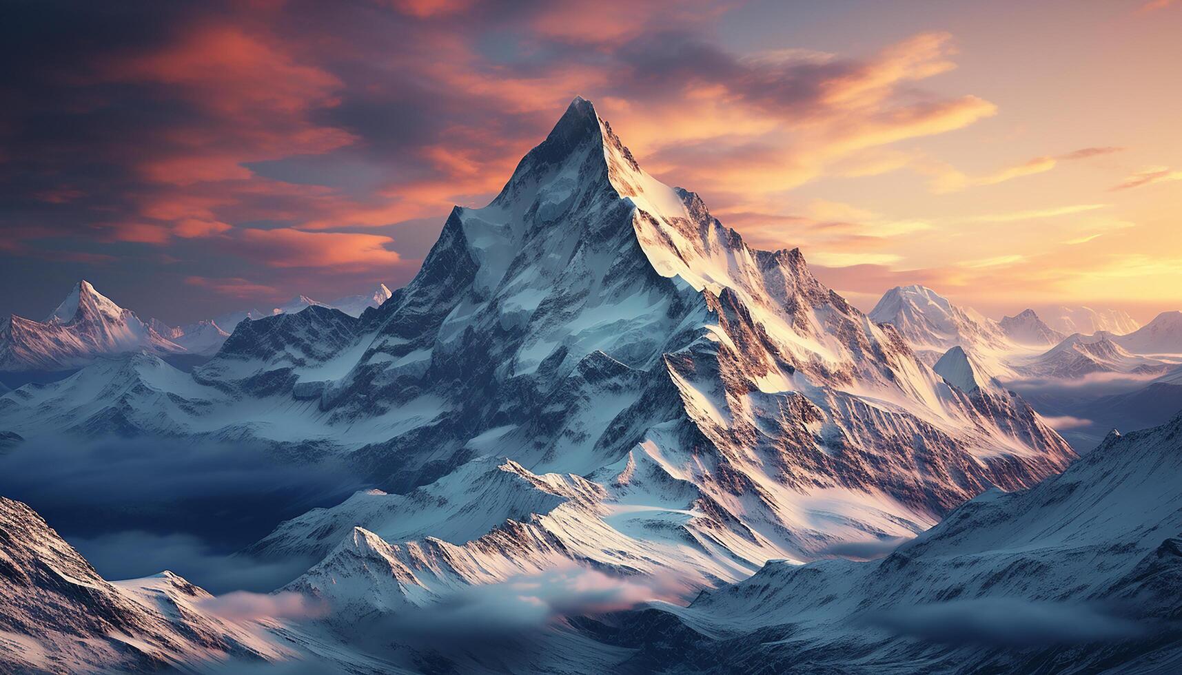 ai generado majestuoso montaña cima, nieve cubierto paisaje, puesta de sol pinturas panorámico belleza generado por ai foto