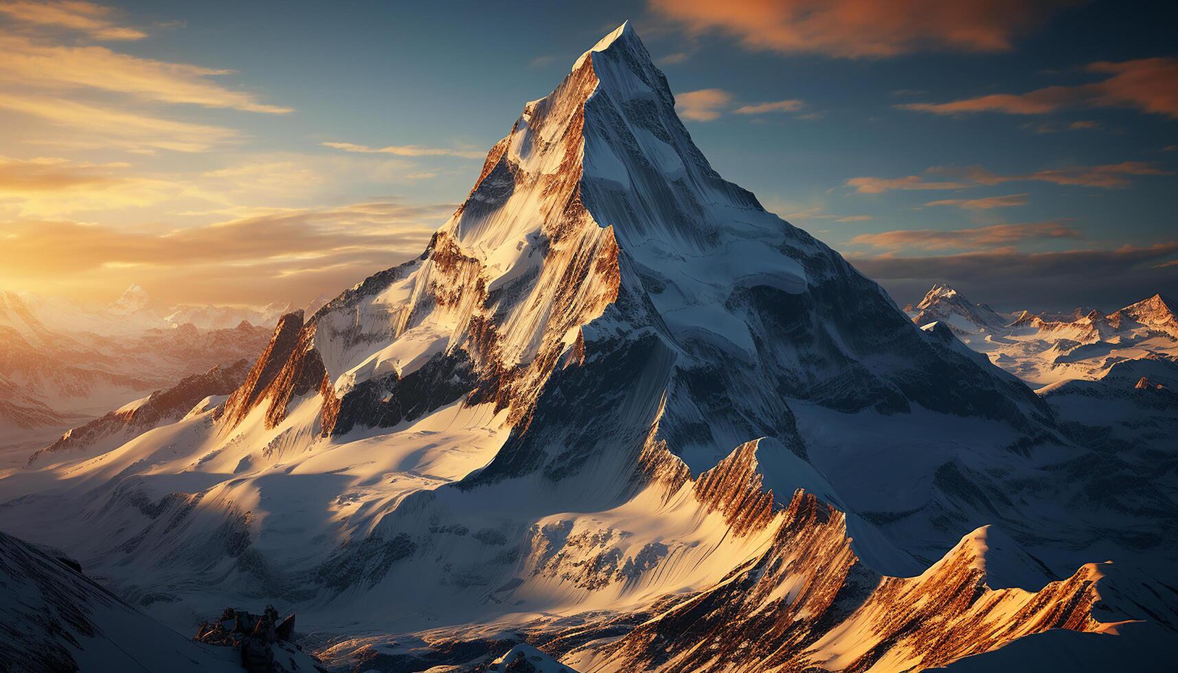 AI generated Majestic mountain peak, snow capped, sunrise, panoramic beauty in nature generated by AI photo