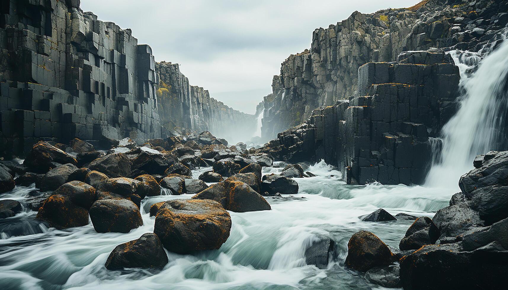 AI generated Majestic mountain range, frozen rock, flowing water, tranquil scene generated by AI photo