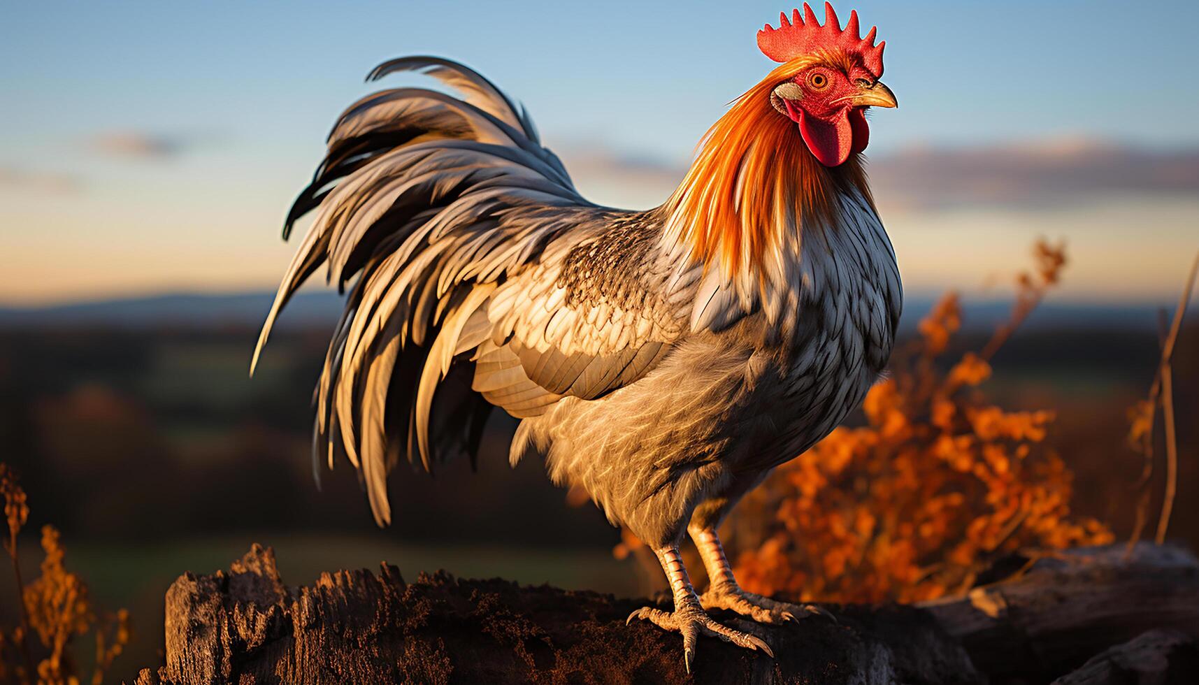 AI generated Majestic rooster standing in meadow, enjoying freedom at sunrise generated by AI photo