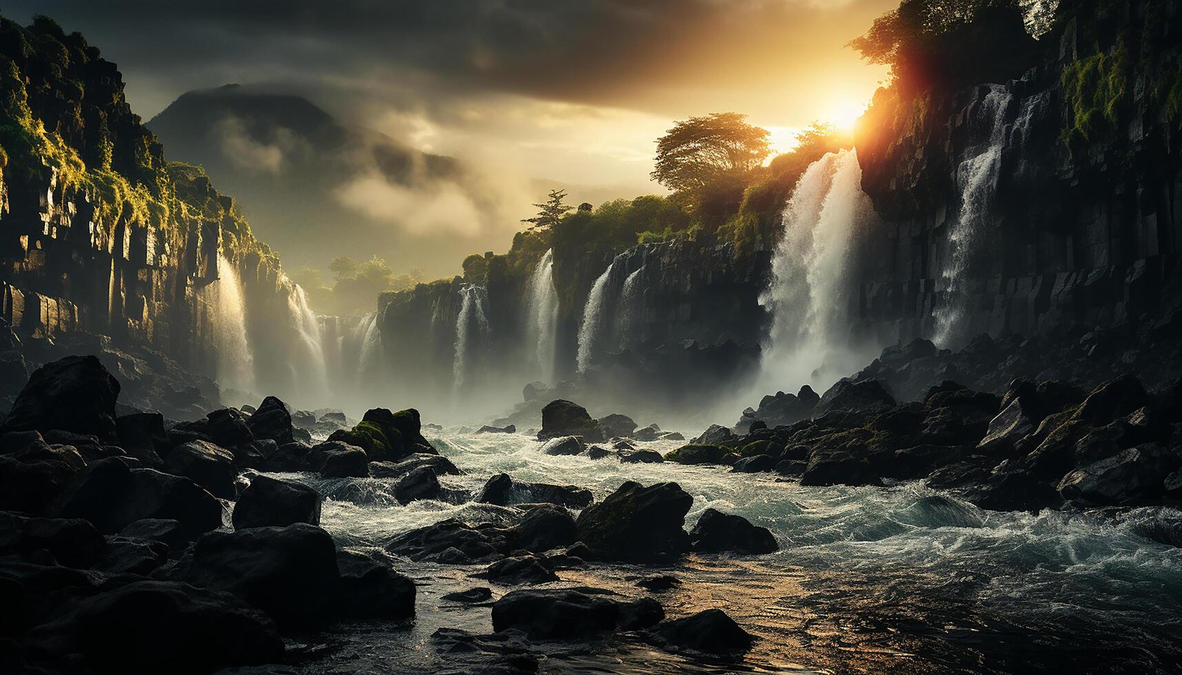 Sunset over the mountain, reflecting in tranquil flowing water generated by AI photo