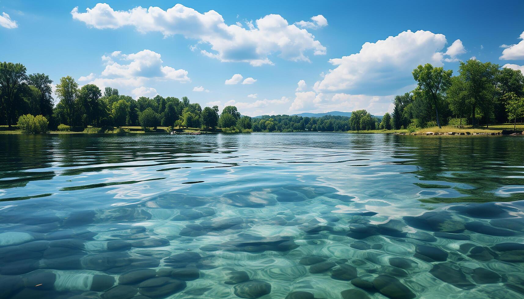 AI generated Tranquil scene blue sky, green trees, reflecting in peaceful pond generated by AI photo