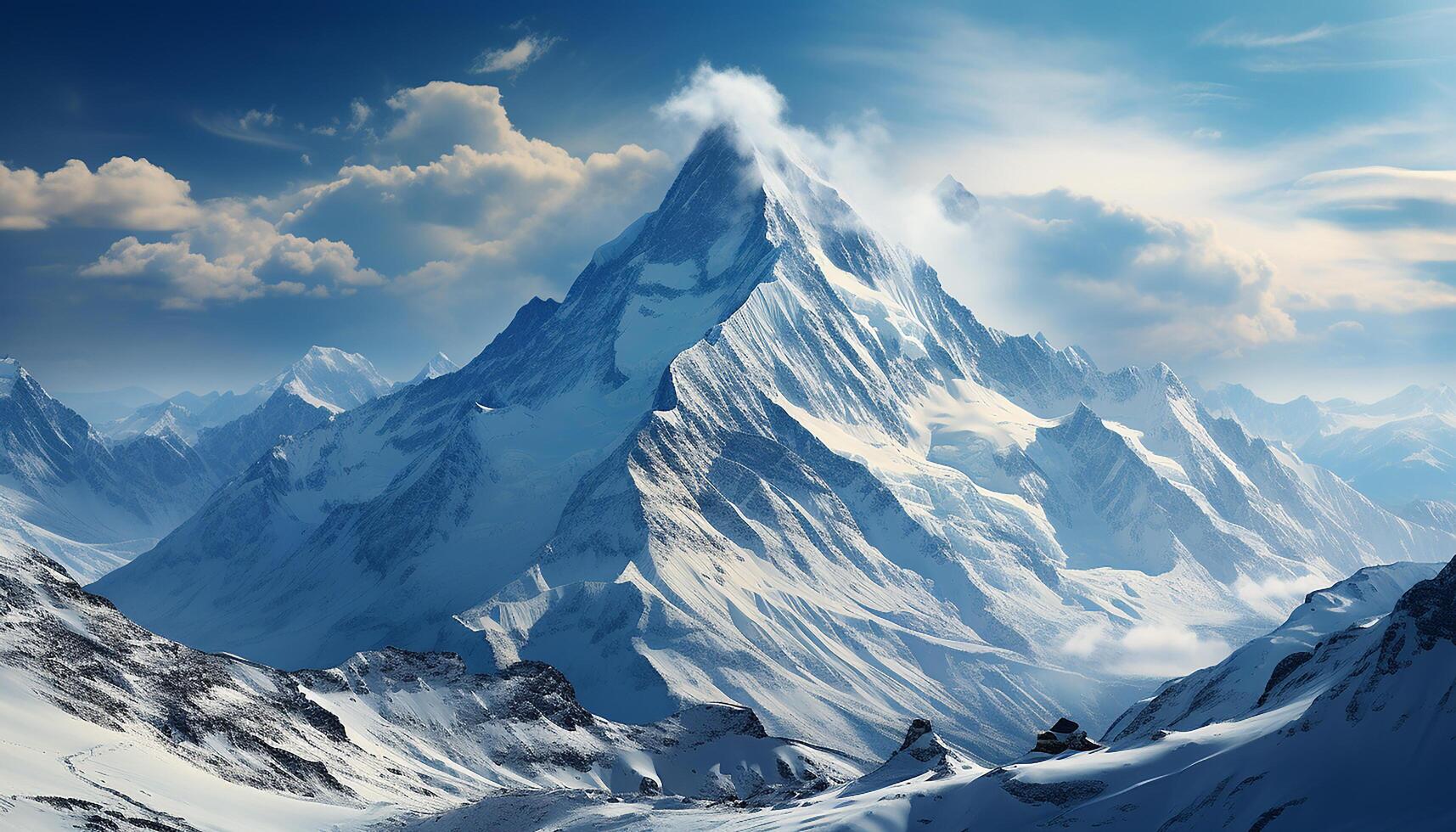 Majestic mountain peak, blue sky, tranquil snow covered landscape generated by AI photo