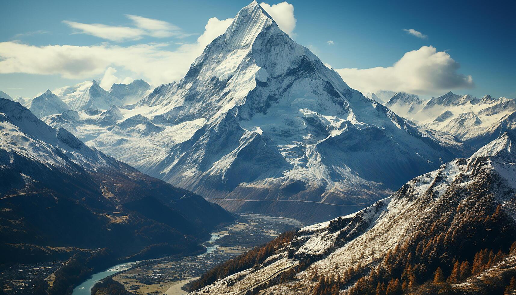 ai generado majestuoso montaña cima, nieve tapado y tranquilo, un asombroso aventuras generado por ai foto