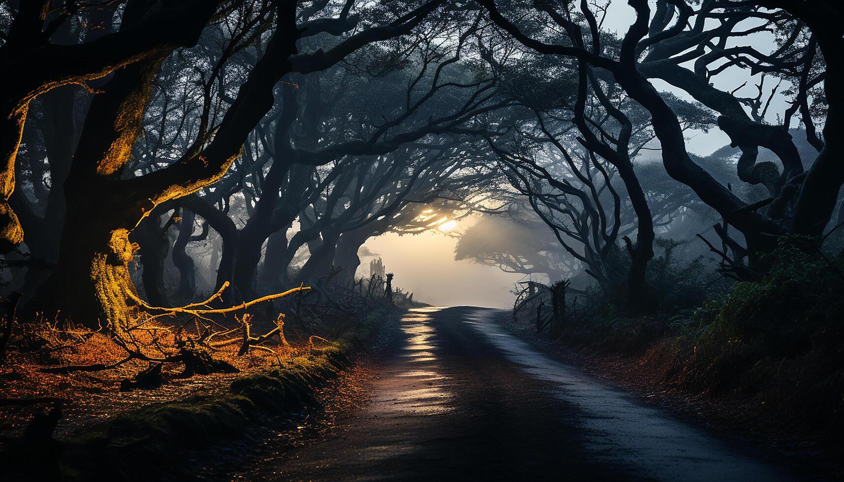 Spooky autumn forest, dark mystery, moonlight silhouette, walking in fear generated by AI photo