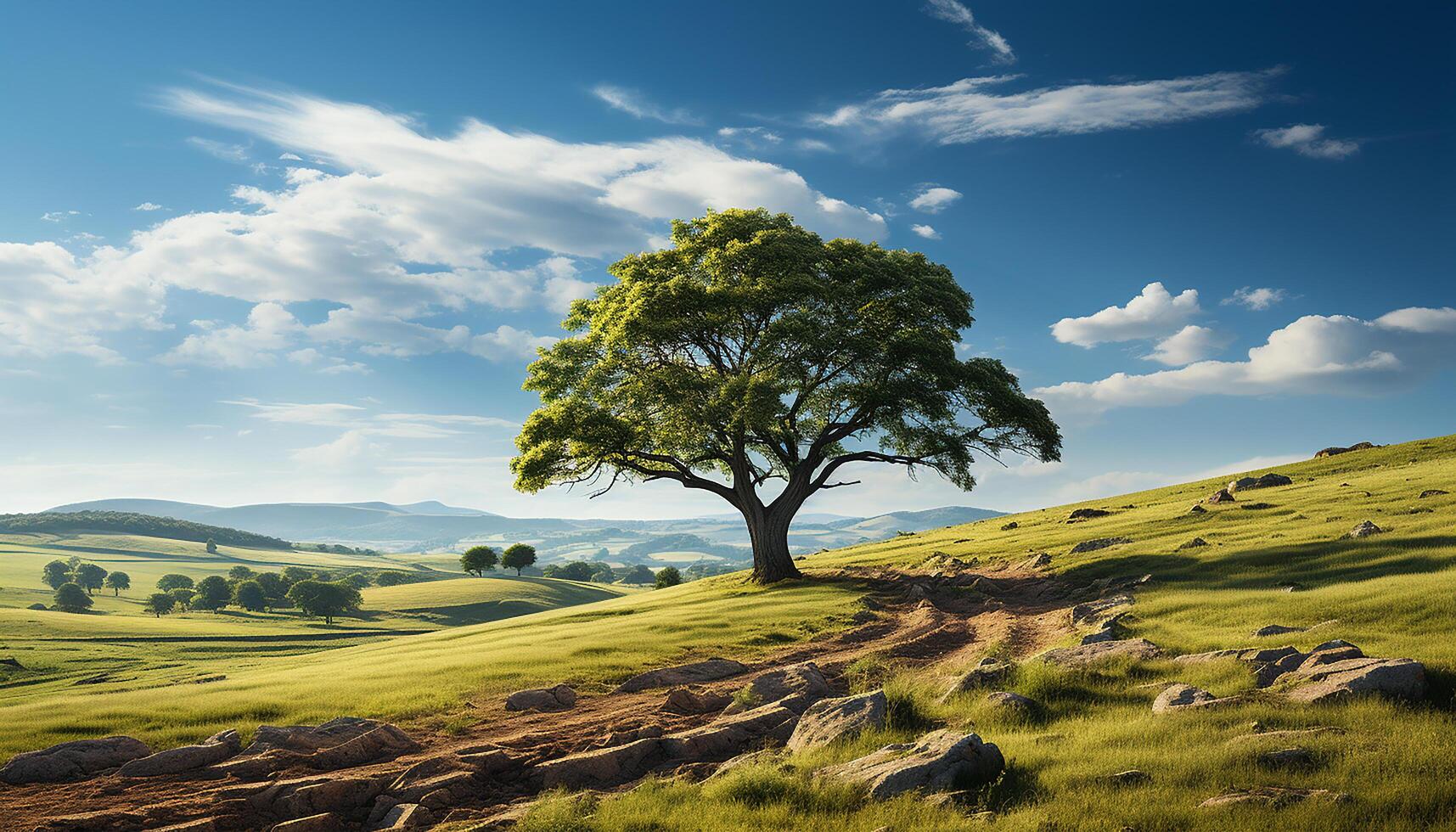 AI generated Tranquil meadow, green grass, tree, and rolling wheat under sunset generated by AI photo