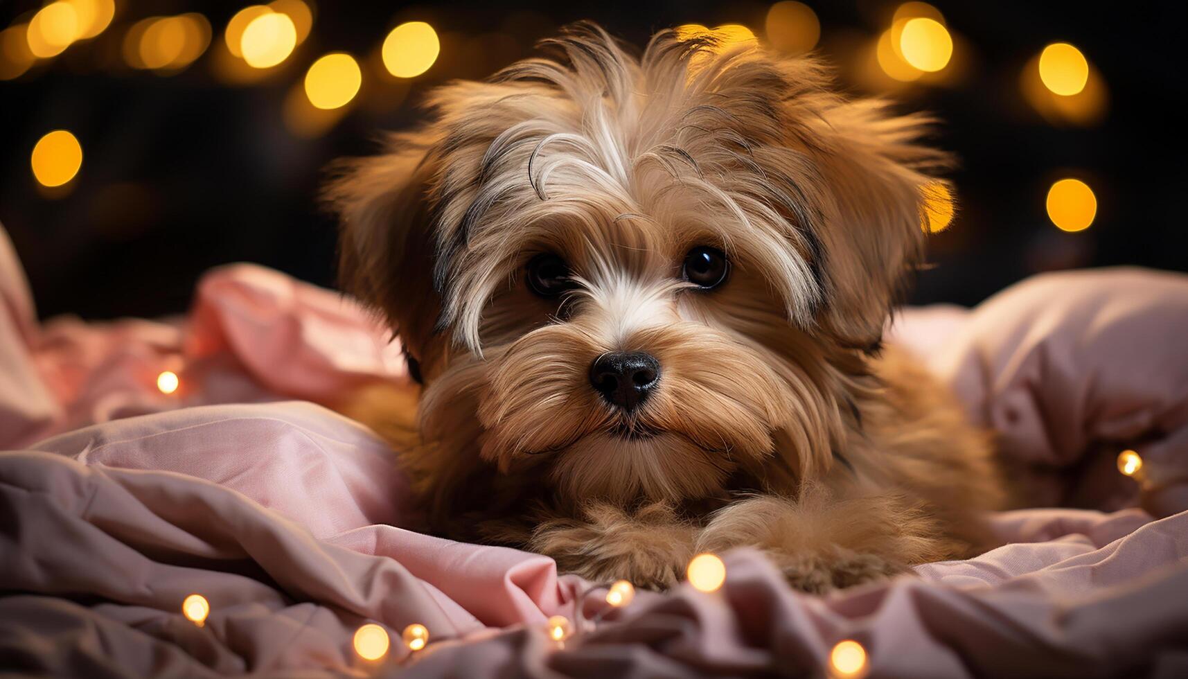 AI generated Cute puppy sitting by Christmas tree, looking cozy and relaxed generated by AI photo