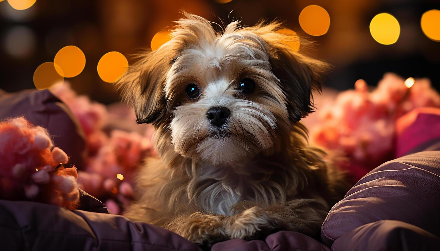 AI generated Cute puppy sitting, looking at camera, surrounded by Christmas lights generated by AI photo