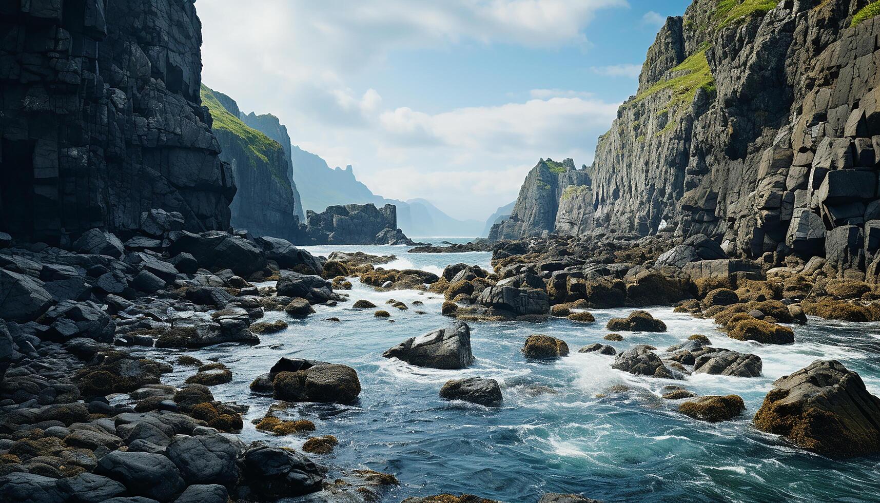 AI generated Majestic mountain rock formation, tranquil coastline, blue water, sandy beach generated by AI photo