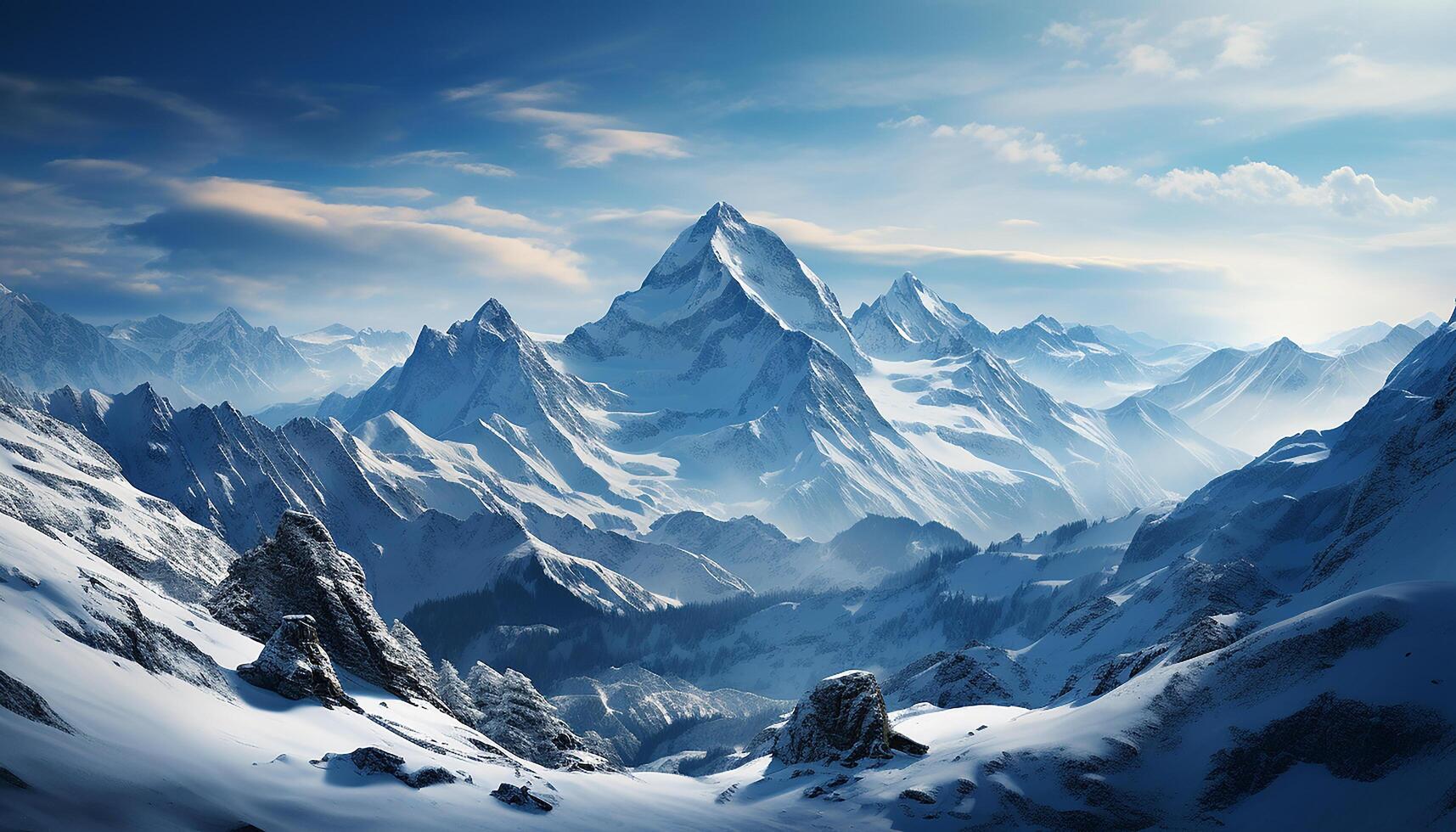 Majestic mountain peak, snow covered landscape, tranquil scene, panoramic beauty generated by AI photo