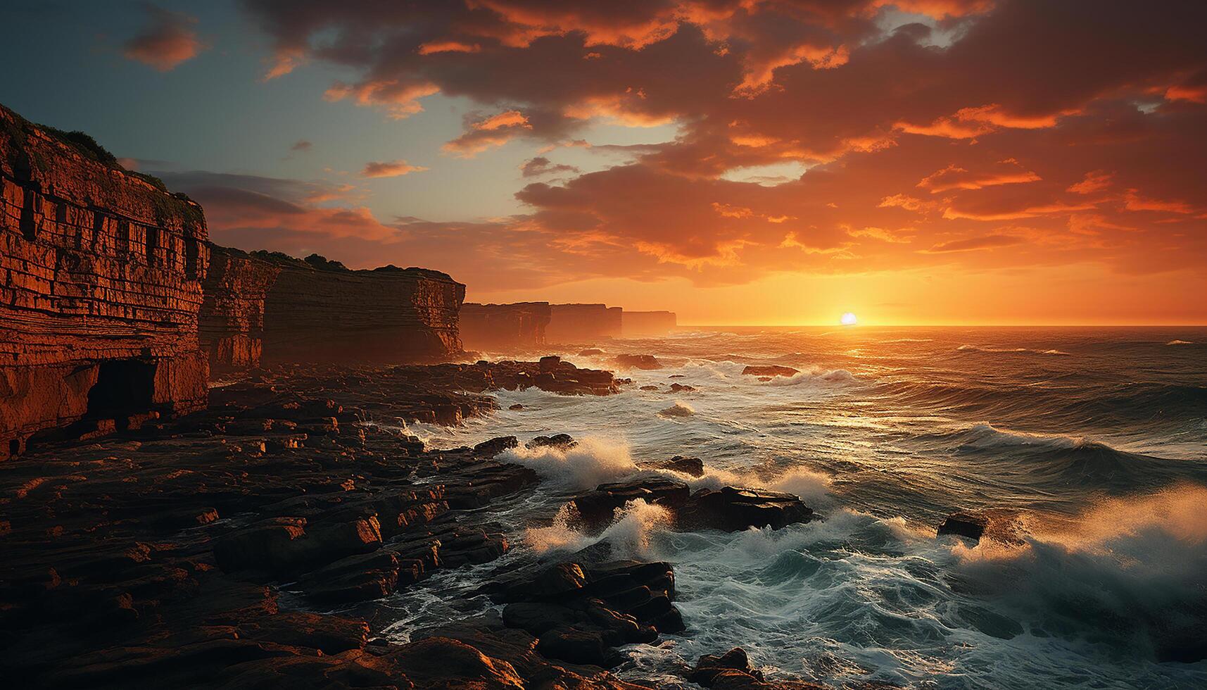 ai generado majestuoso puesta de sol terminado tranquilo línea costera, rock refleja natural belleza generado por ai foto