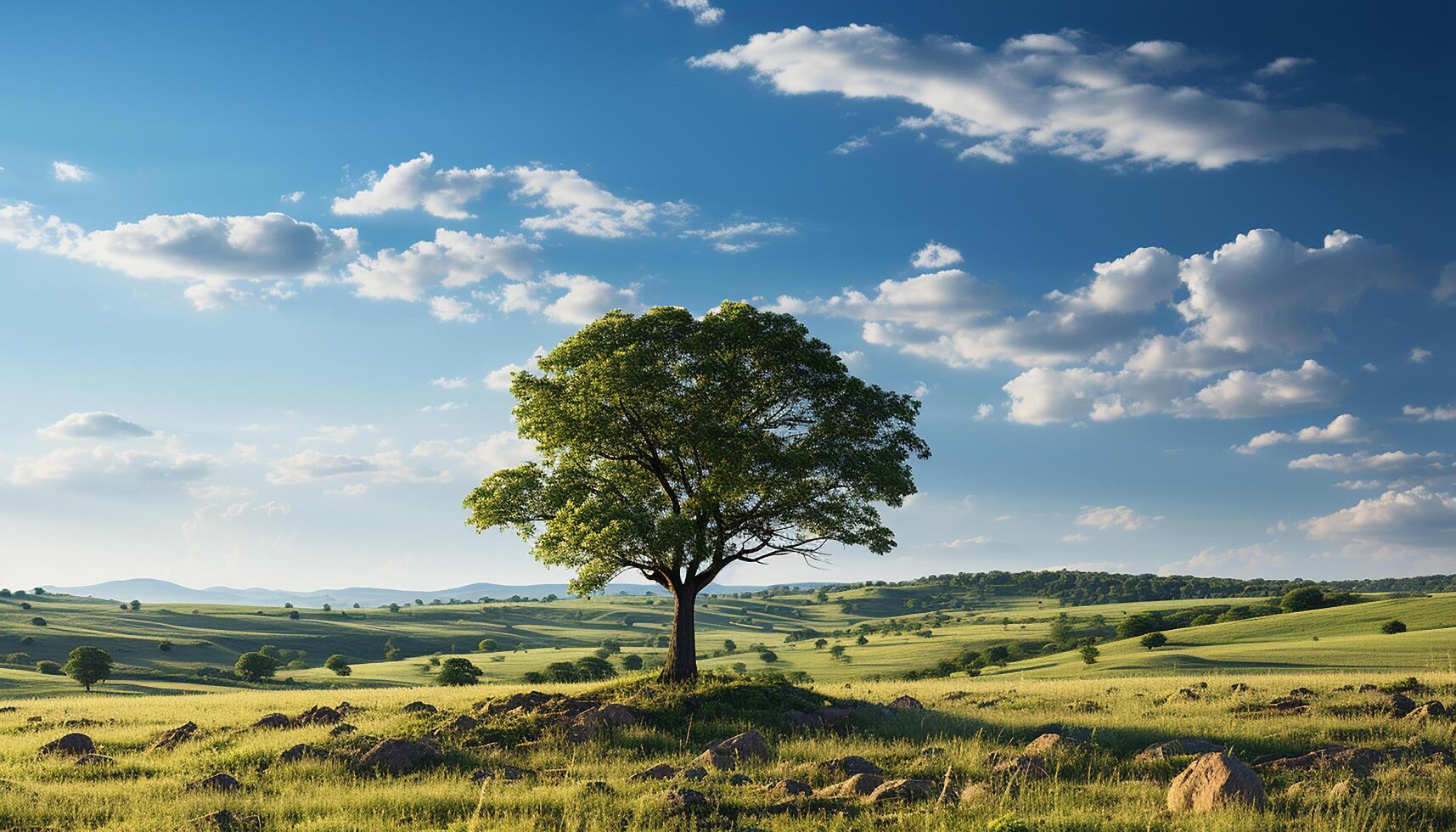 AI generated Tranquil meadow, green grass, blue sky, sunset over horizon generated by AI photo