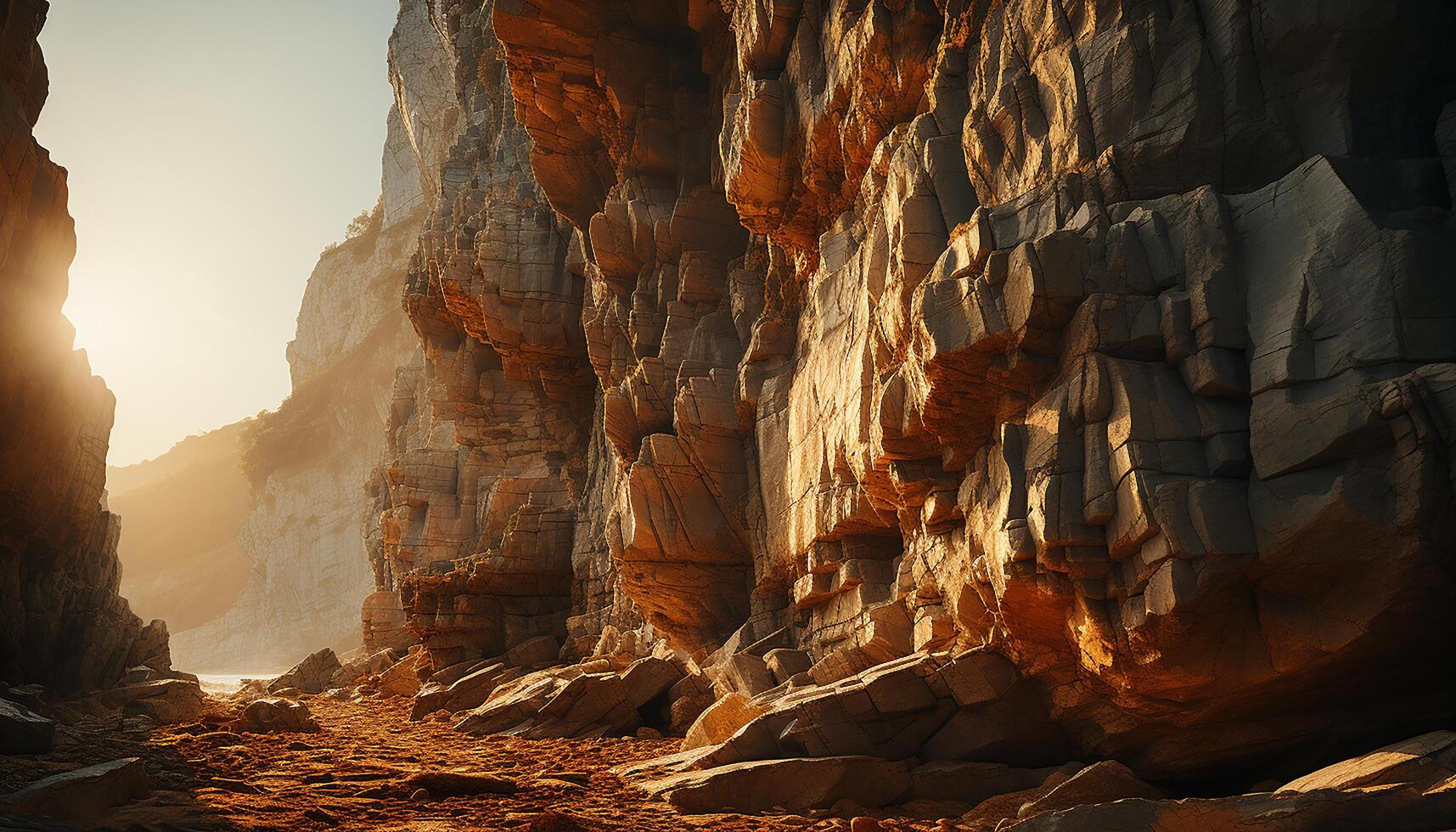 Majestic mountain peak, a stunning rock formation at sunrise generated by AI photo