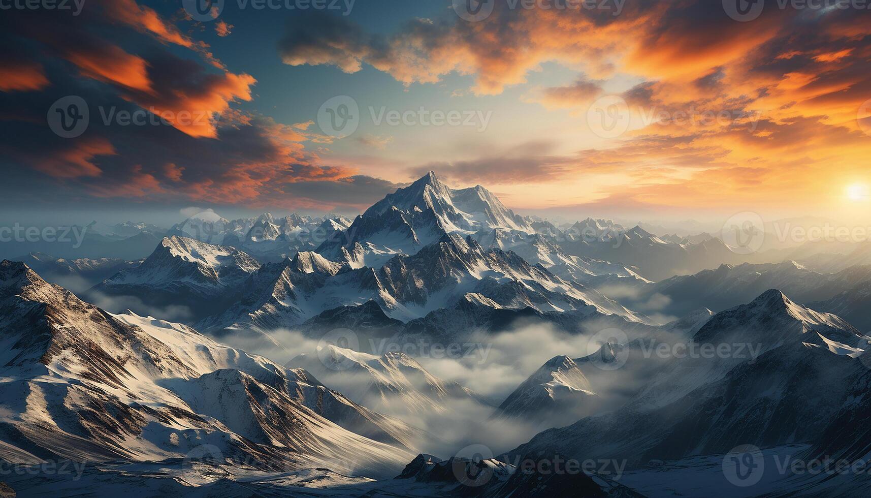 AI generated Majestic mountain peak, snow capped, tranquil meadow, nature panoramic beauty generated by AI photo