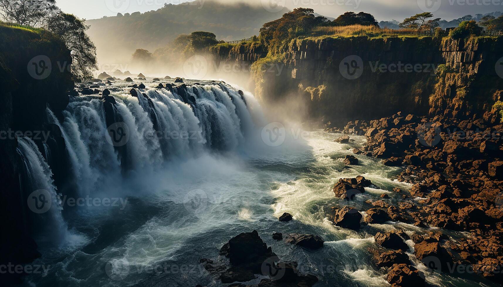 AI generated Majestic mountain, waterfall, and flowing water create breathtaking landscape generated by AI photo