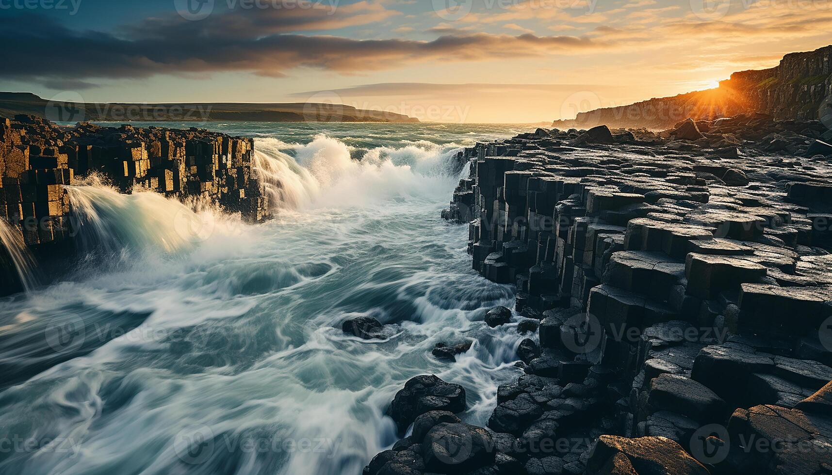 AI generated Majestic sunset over rough coastline, waves breaking on rocks generated by AI photo