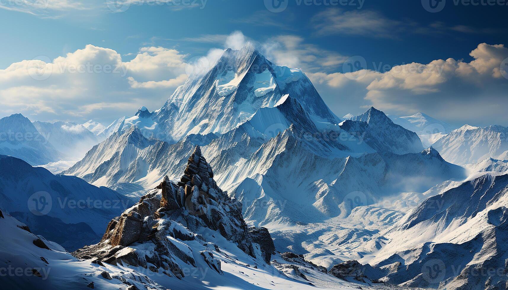 ai generado majestuoso montaña cima, nieve tapado y tranquilo, un asombroso aventuras generado por ai foto