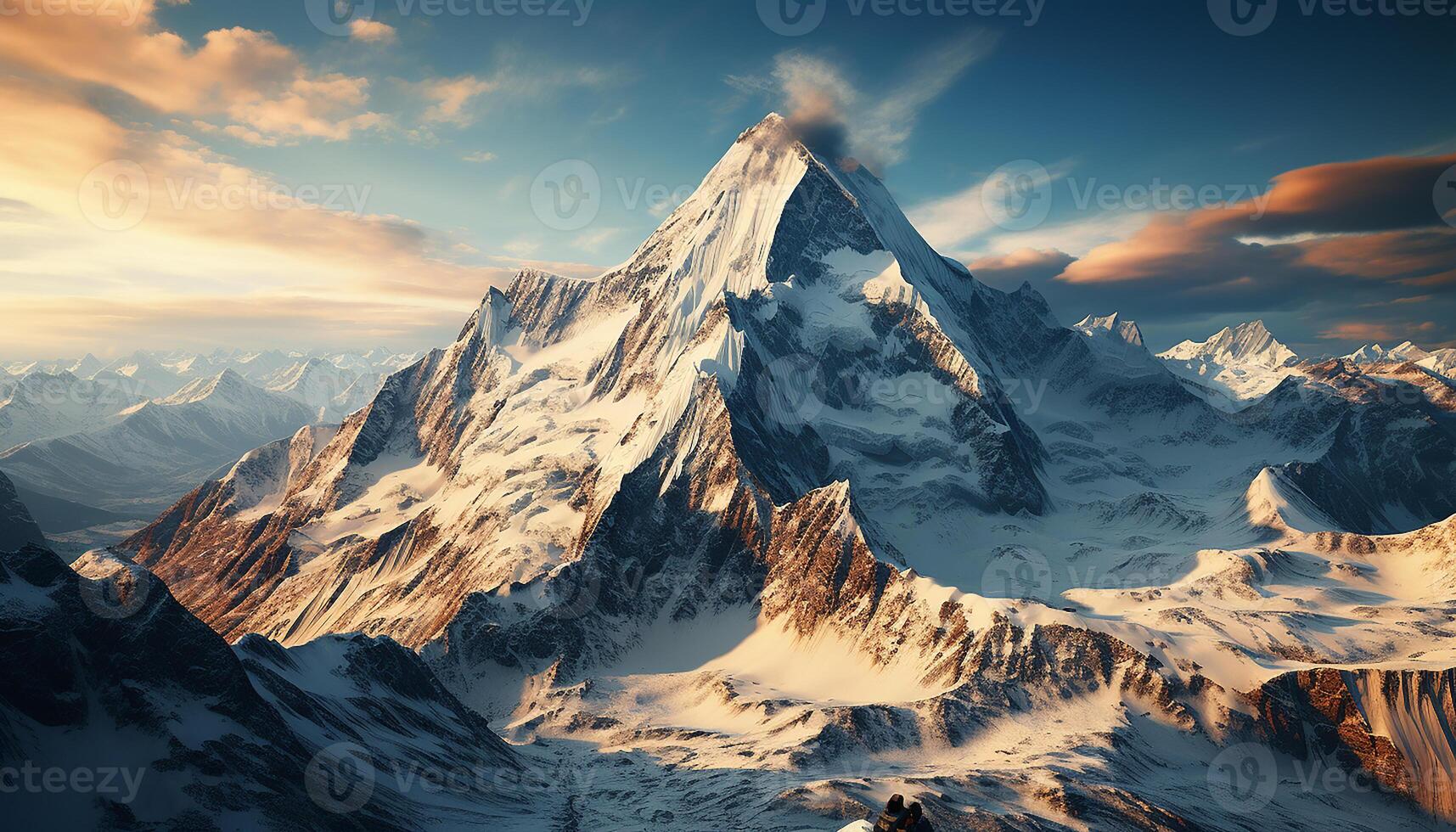 AI generated Majestic mountain range, panoramic sunset, adventure in nature generated by AI photo