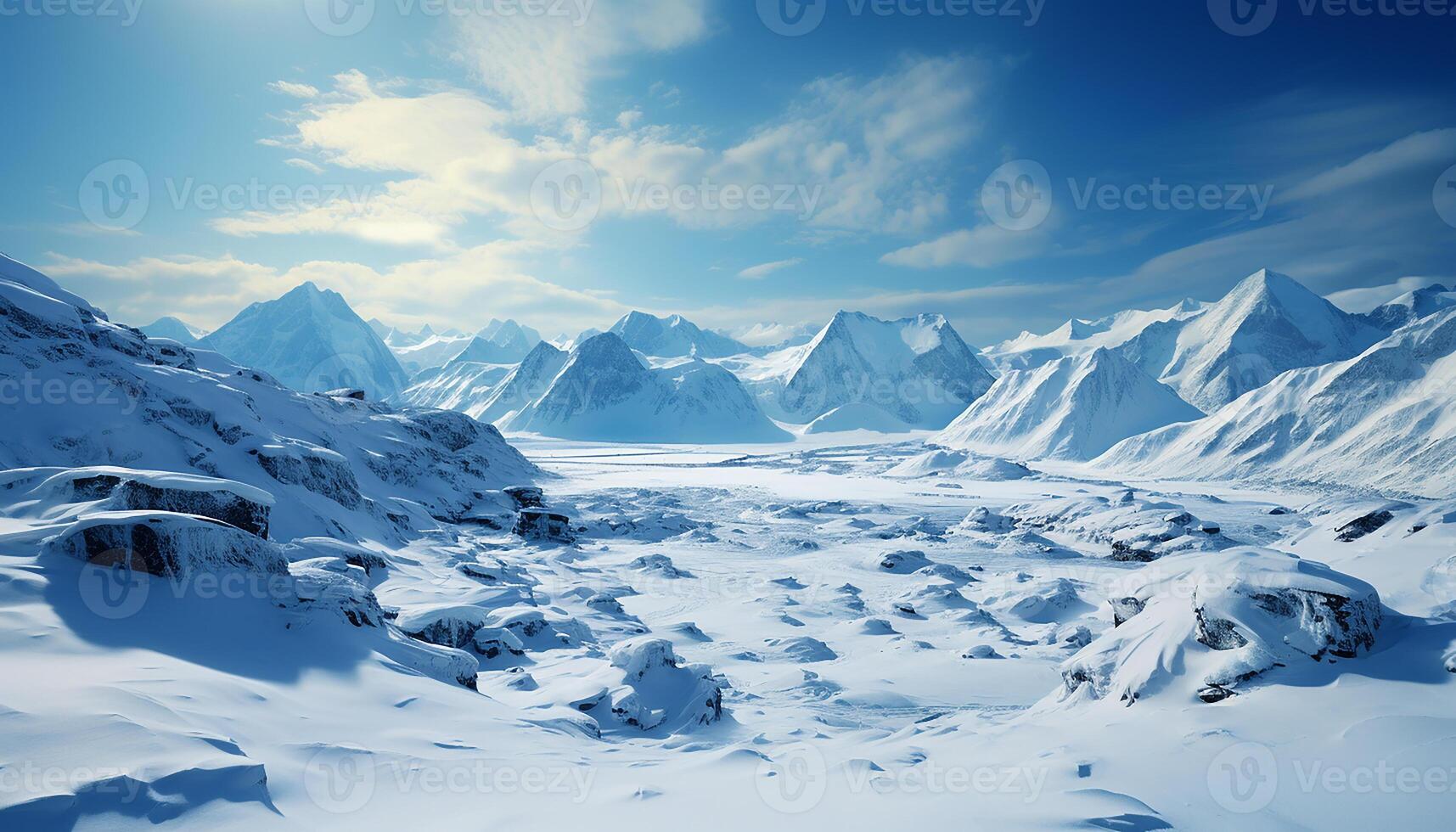 ai generado majestuoso montaña cima, nieve cubierto paisaje, tranquilo escena generado por ai foto