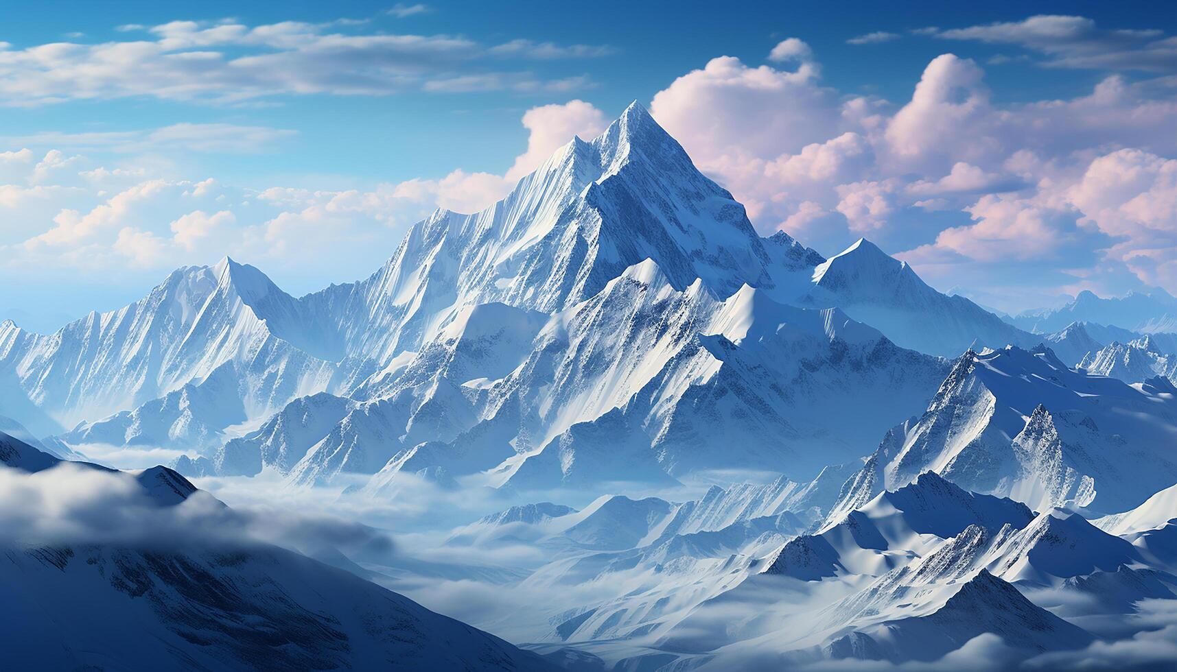 AI generated Majestic mountain peak, snow covered, sky blue, tranquil scene, nature beauty generated by AI photo