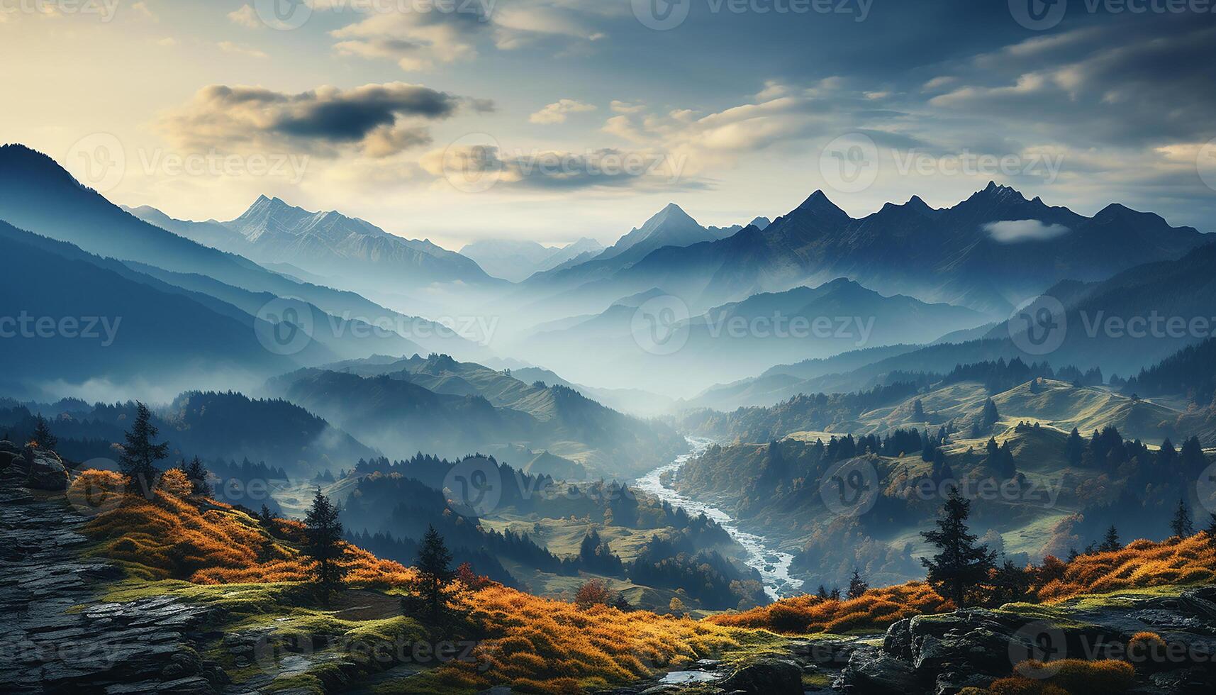 AI generated Majestic mountain peak, nature beauty in tranquil autumn landscape generated by AI photo