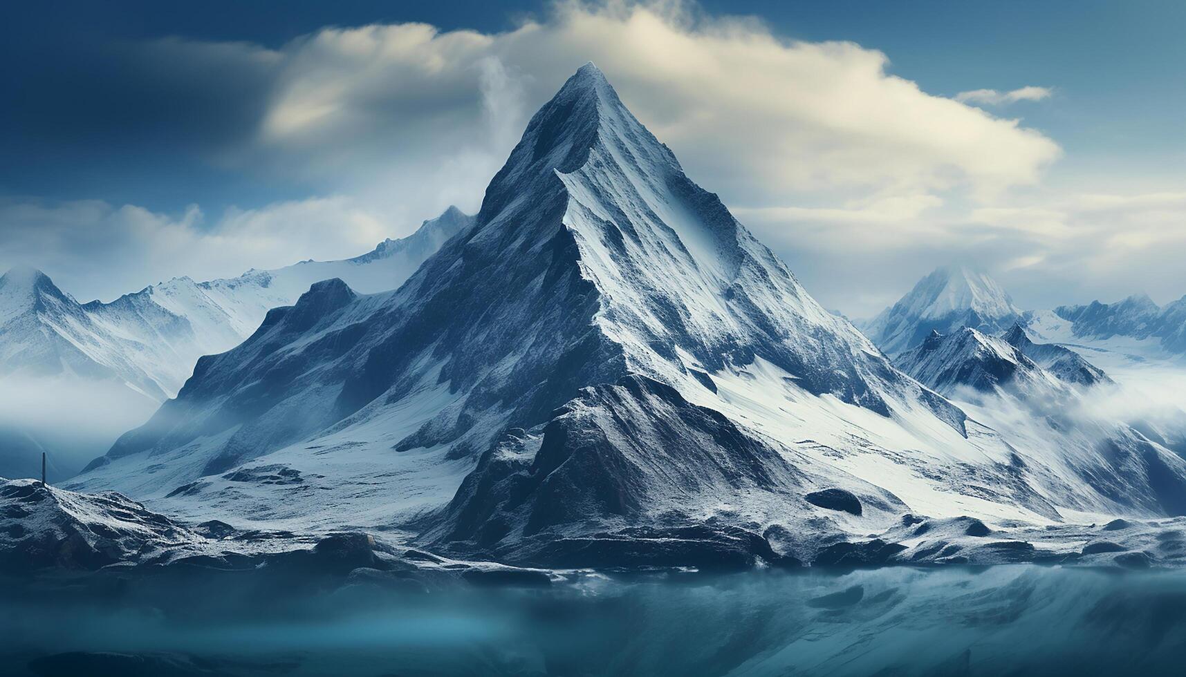 AI generated Majestic mountain peak, snow covered landscape, tranquil scene, breathtaking beauty generated by AI photo