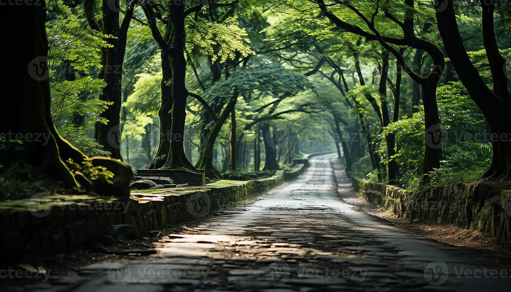 AI generated Tranquil forest path reveals nature beauty in mysterious autumn generated by AI photo