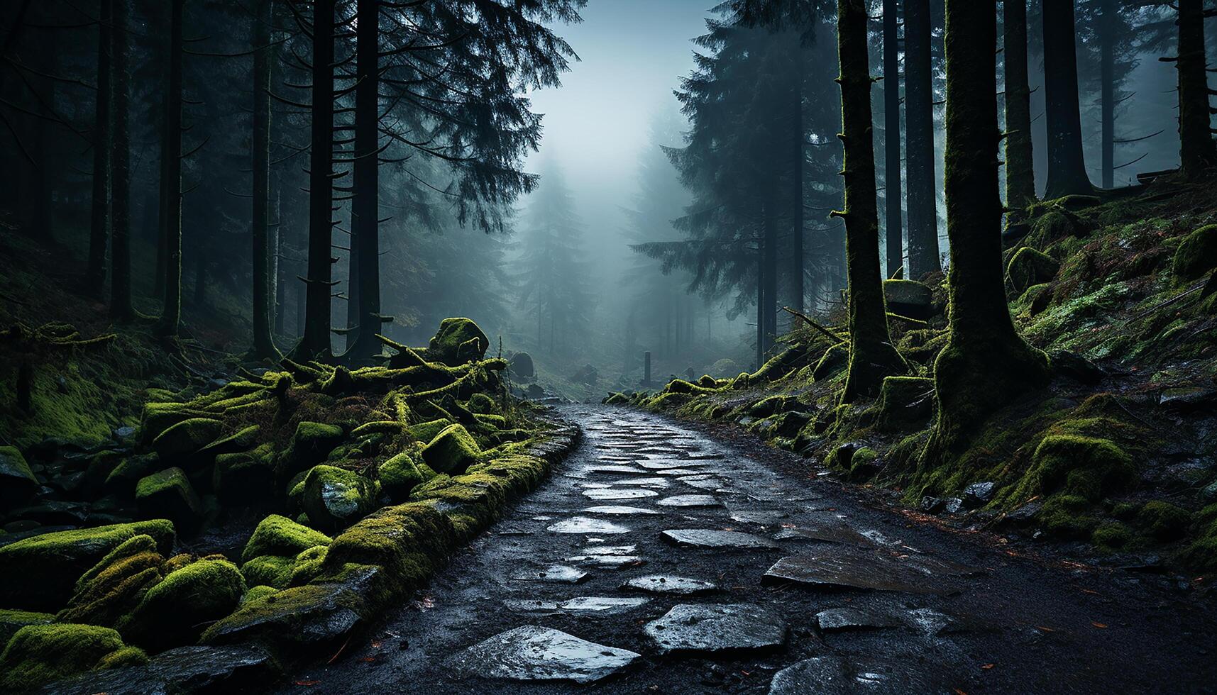 AI generated Mysterious fog blankets tranquil forest, revealing nature enchanting beauty generated by AI photo