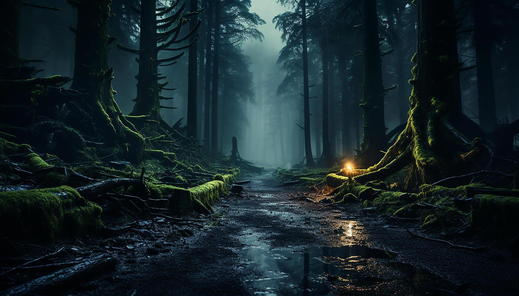 Mysterious forest, dark and spooky, autumn leaves on branch generated by AI photo