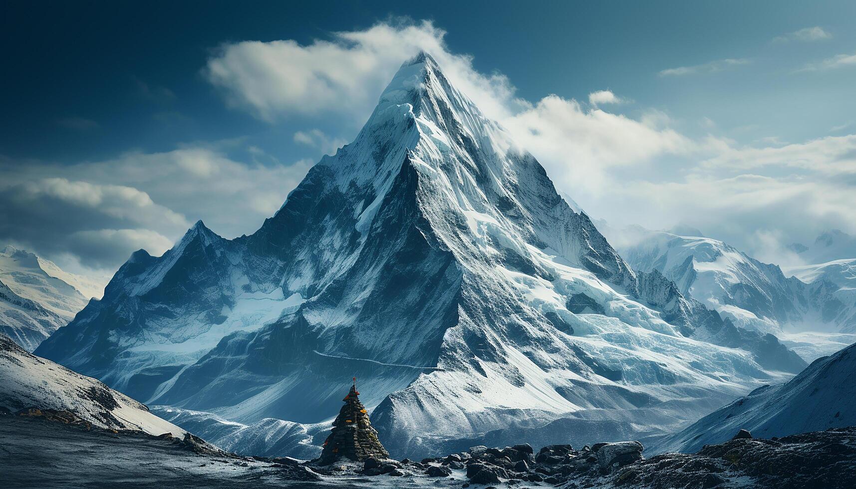 Majestic mountain peak, snow covered landscape, tranquil scene, breathtaking sunset generated by AI photo