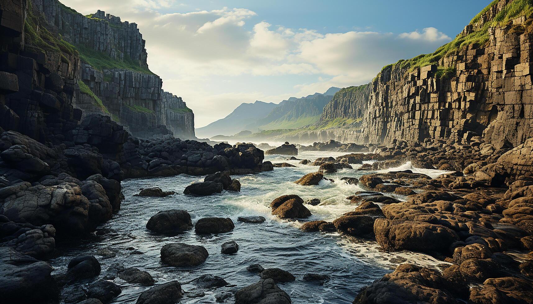 AI generated Majestic mountain rock, tranquil sunset, wave flows on coastline generated by AI photo