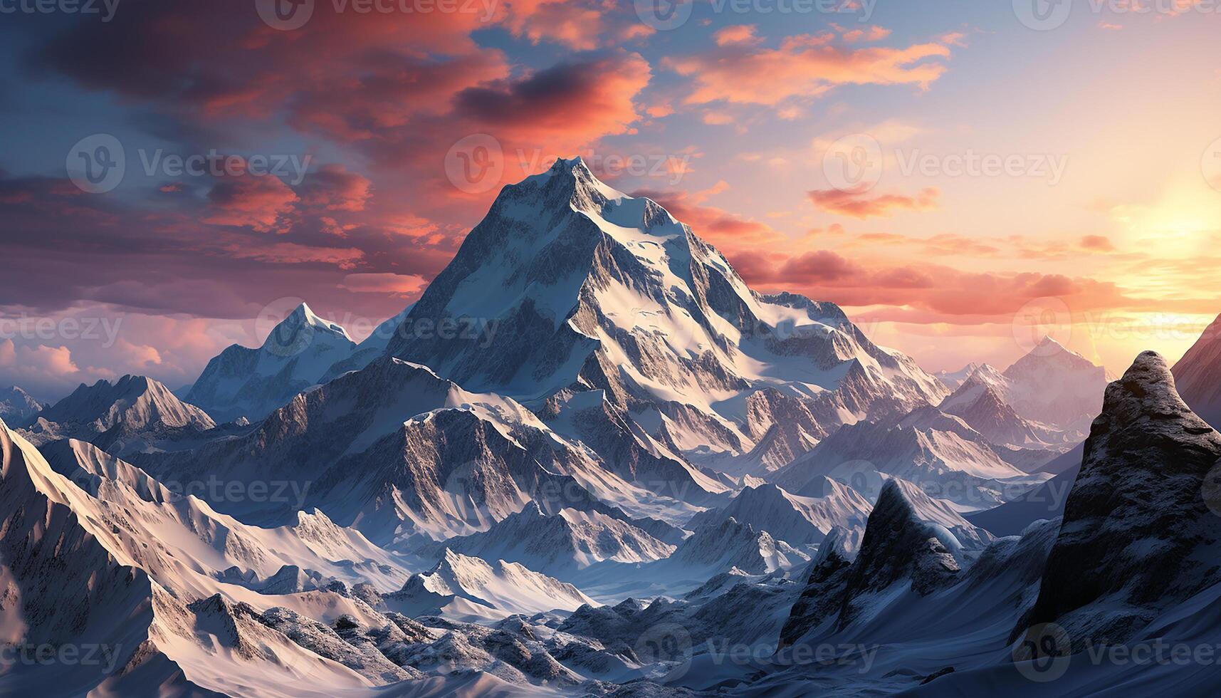 ai generado majestuoso montaña cima, nieve cubierto paisaje, tranquilo puesta de sol terminado rocoso terreno generado por ai foto