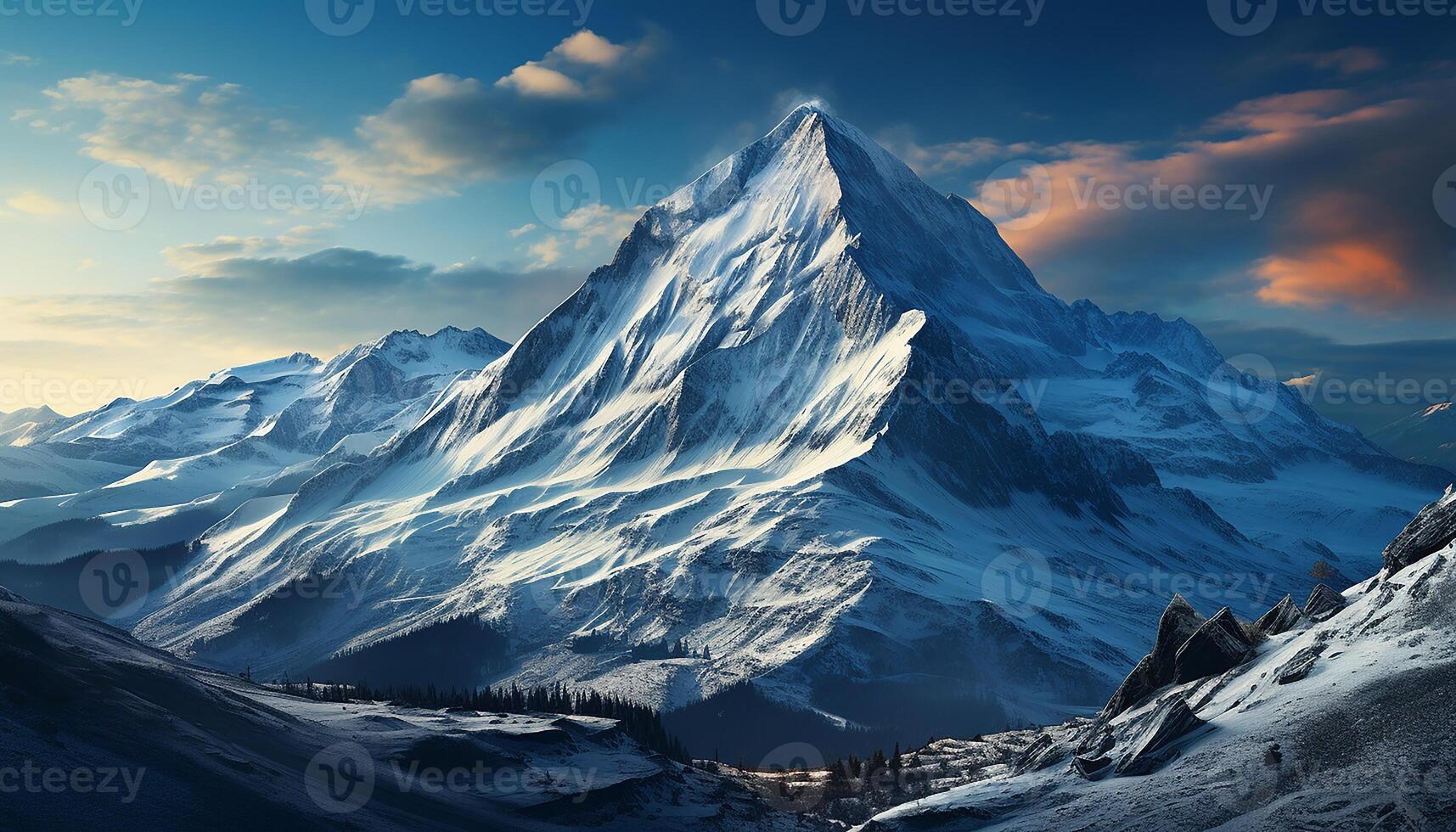 AI generated Majestic mountain peak, snow covered, tranquil scene, breathtaking beauty in nature generated by AI photo