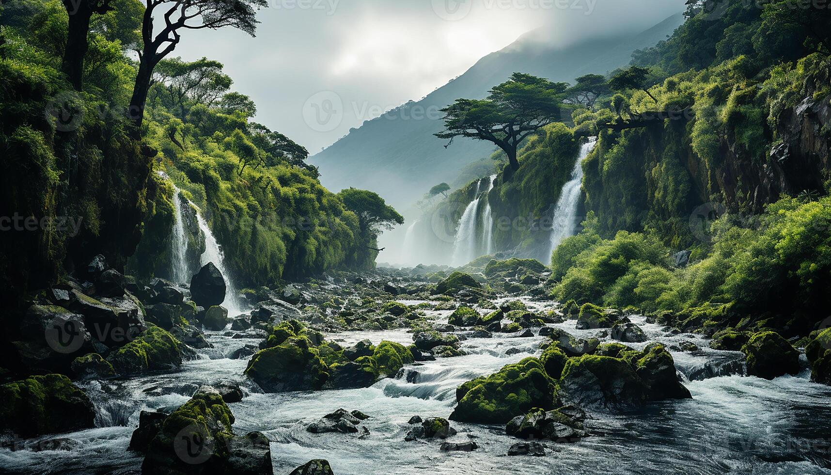 ai generado tranquilo escena verde montaña rango, fluido agua, que cae hoja generado por ai foto