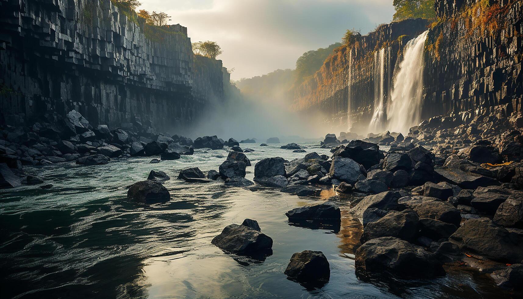 AI generated Majestic mountain range, tranquil scene, flowing water, falling reflection generated by AI photo