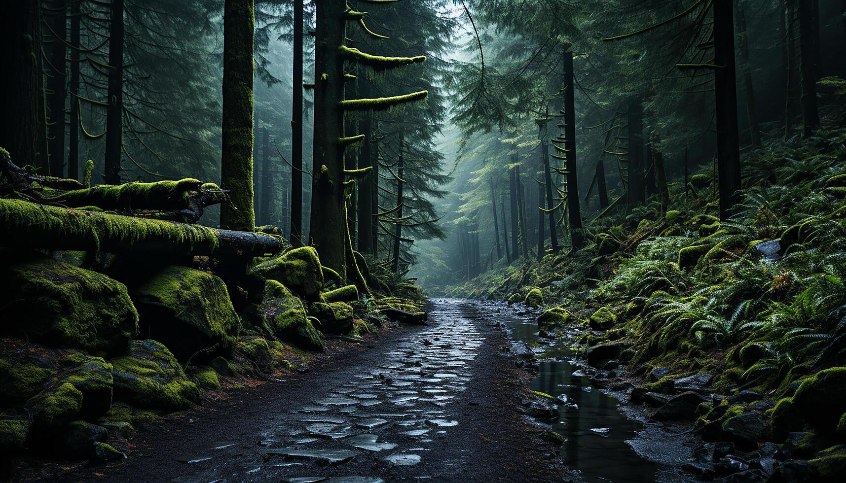 AI generated Tranquil scene foggy forest, wet footpath, mysterious nature beauty generated by AI photo