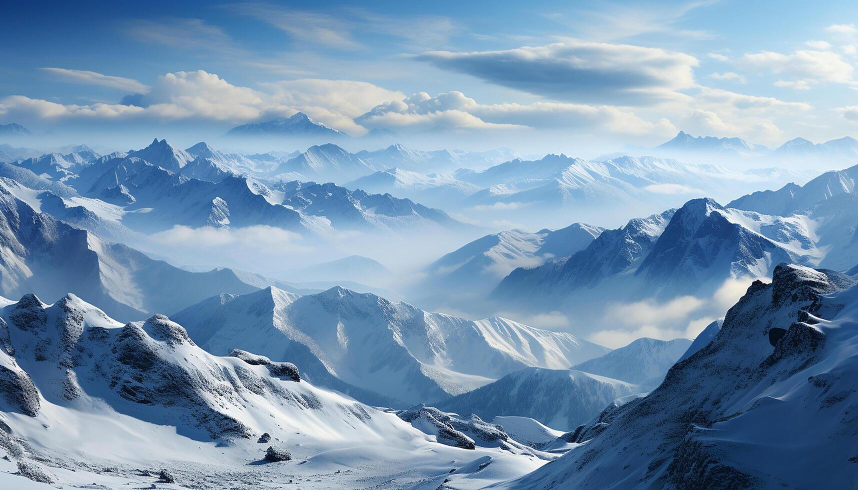 ai generado majestuoso montaña cima, nieve cubierto paisaje, tranquilo invierno aventuras generado por ai foto