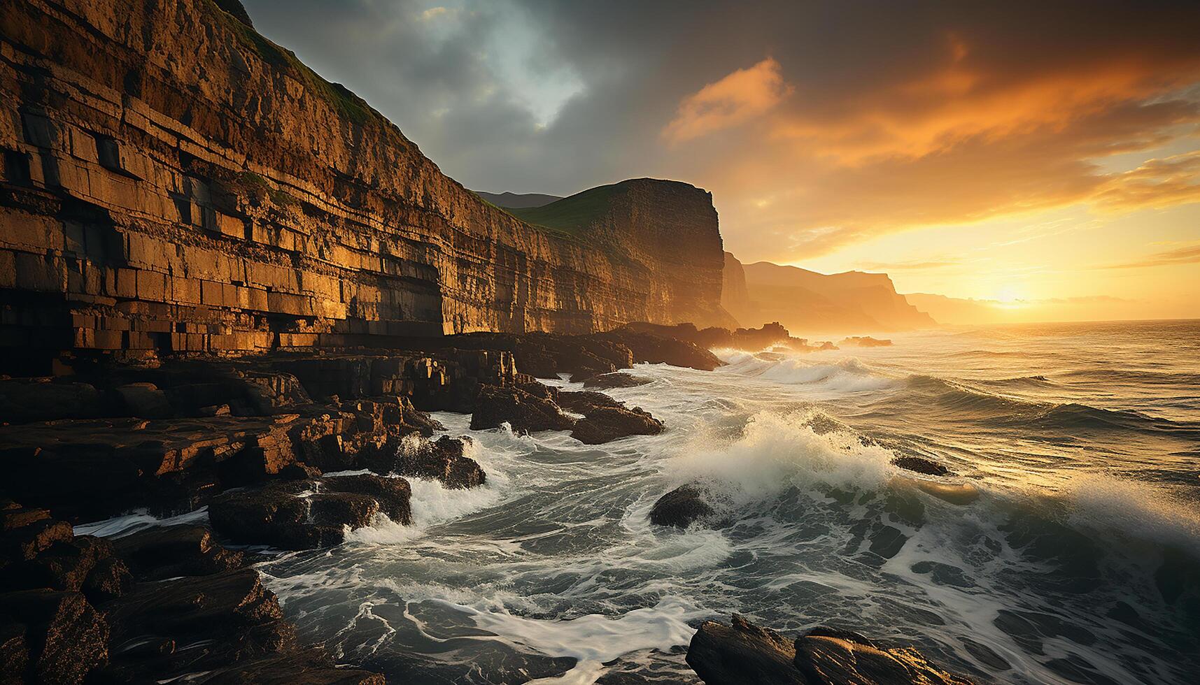 Majestic rock cliffs reflect tranquil sunset over water and sand generated by AI photo