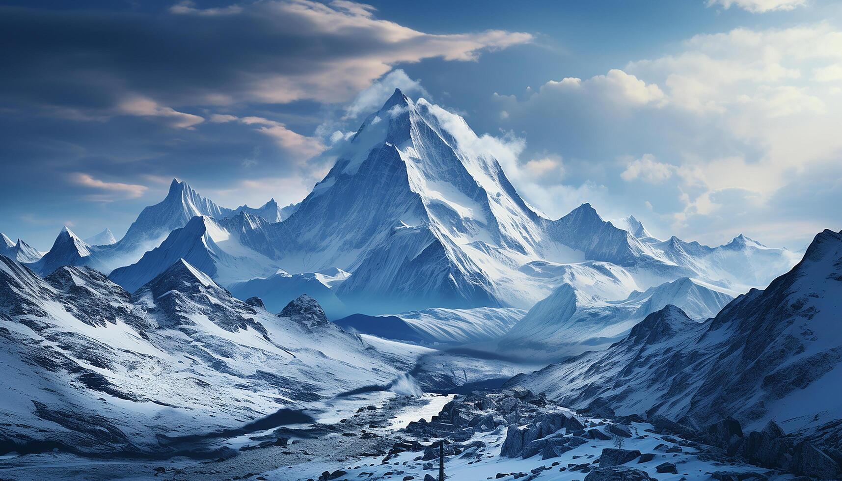 AI generated Majestic mountain peak, snow covered landscape, tranquil sky, adventurous hiking generated by AI photo