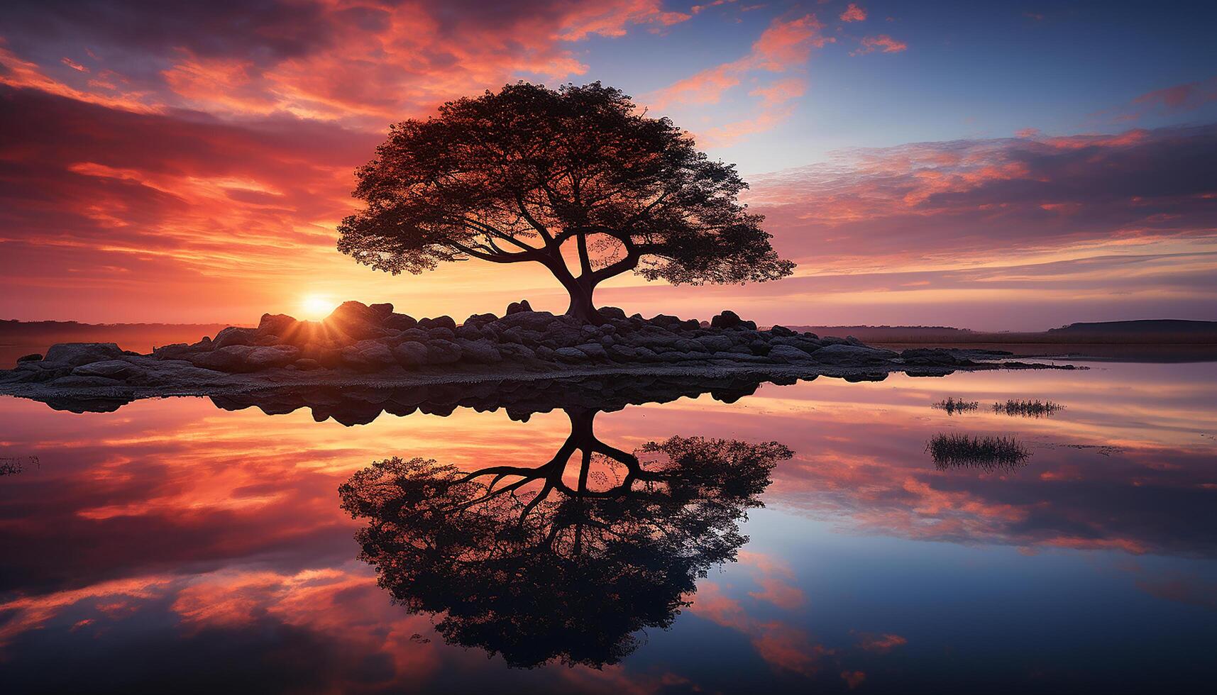 AI generated Silhouette of tree reflects tranquil dusk, nature beauty in twilight generated by AI photo