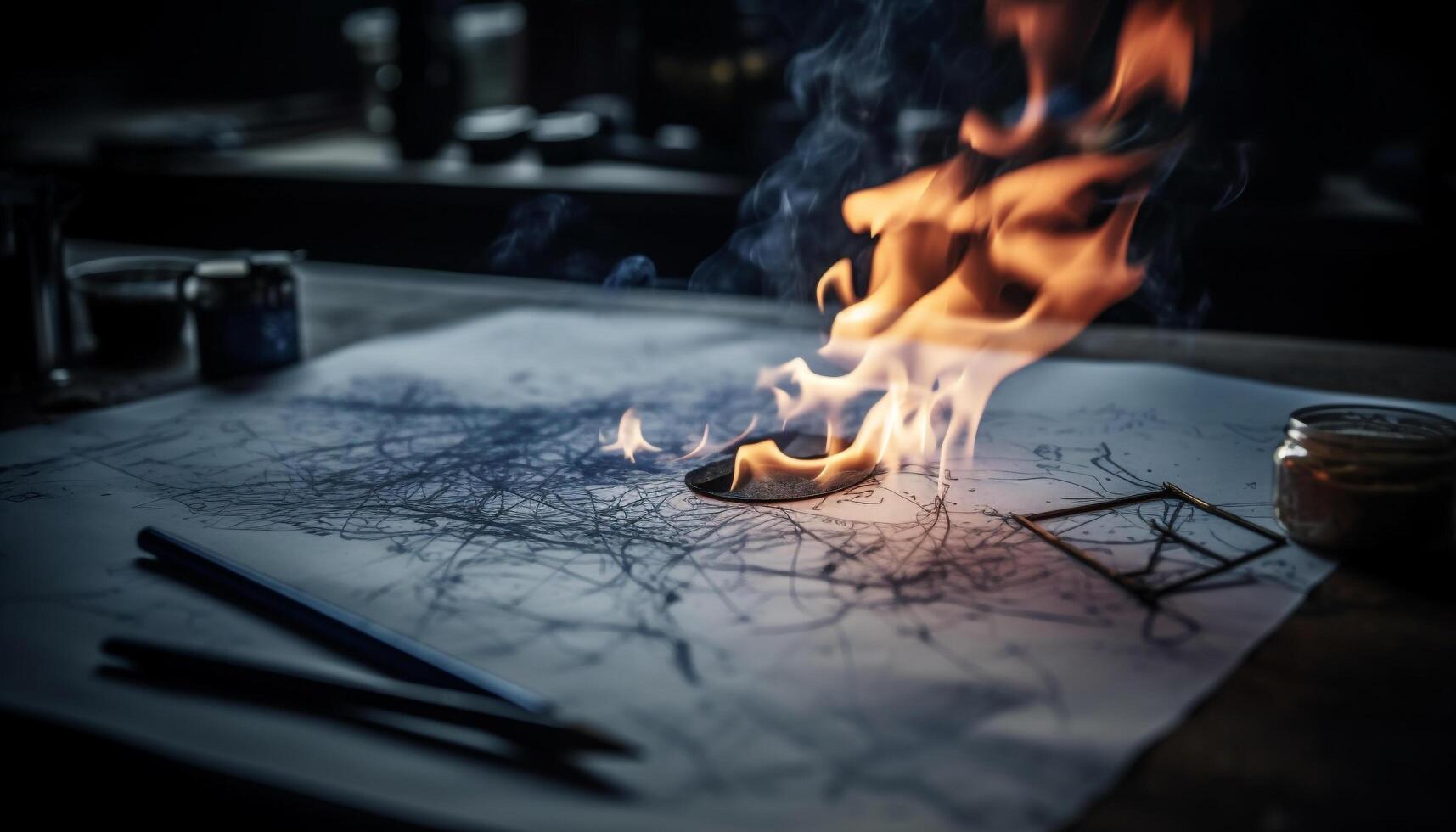 AI generated Men working in a dark workshop, igniting a glowing flame generated by AI photo