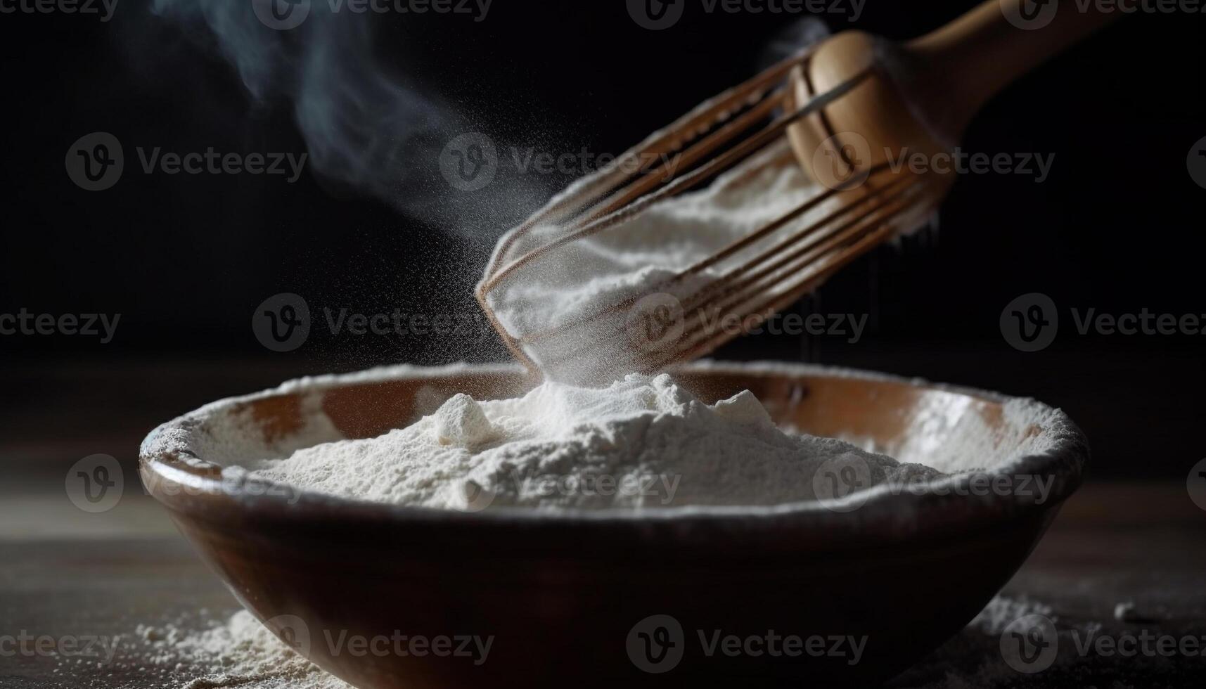 AI generated Homemade bread dough mixing in rustic wooden bowl generated by AI photo