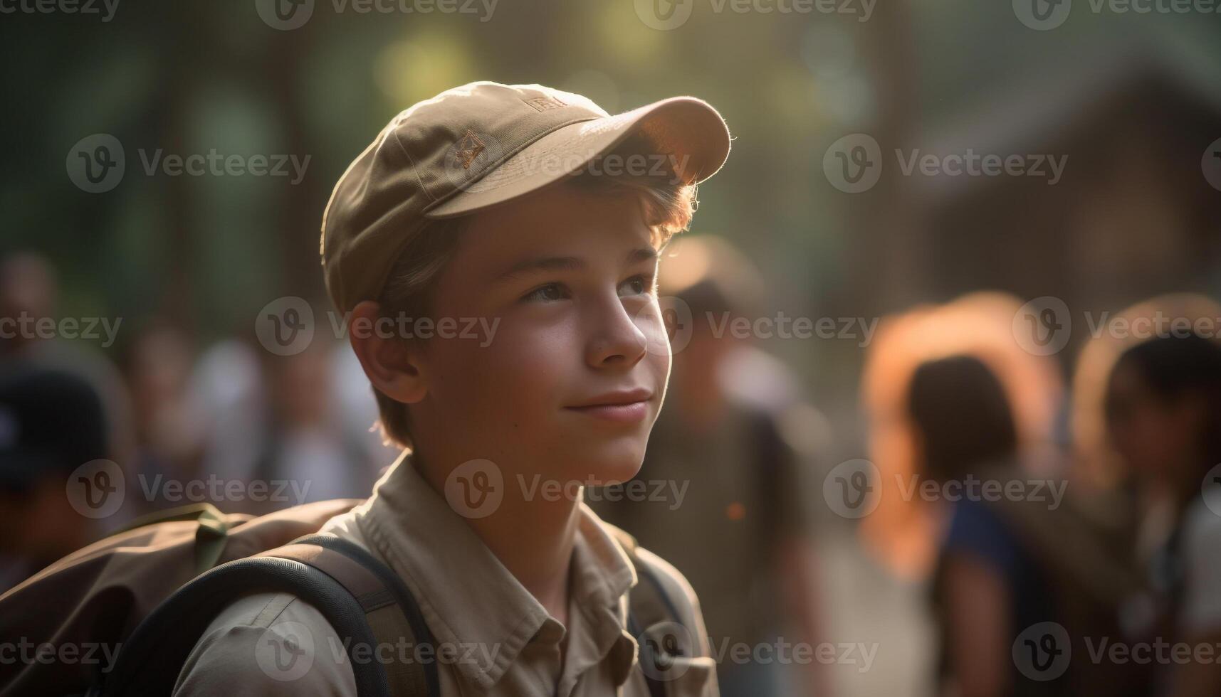 ai generado sonriente Niños y hombres en naturaleza, mirando a cámara felizmente generado por ai foto