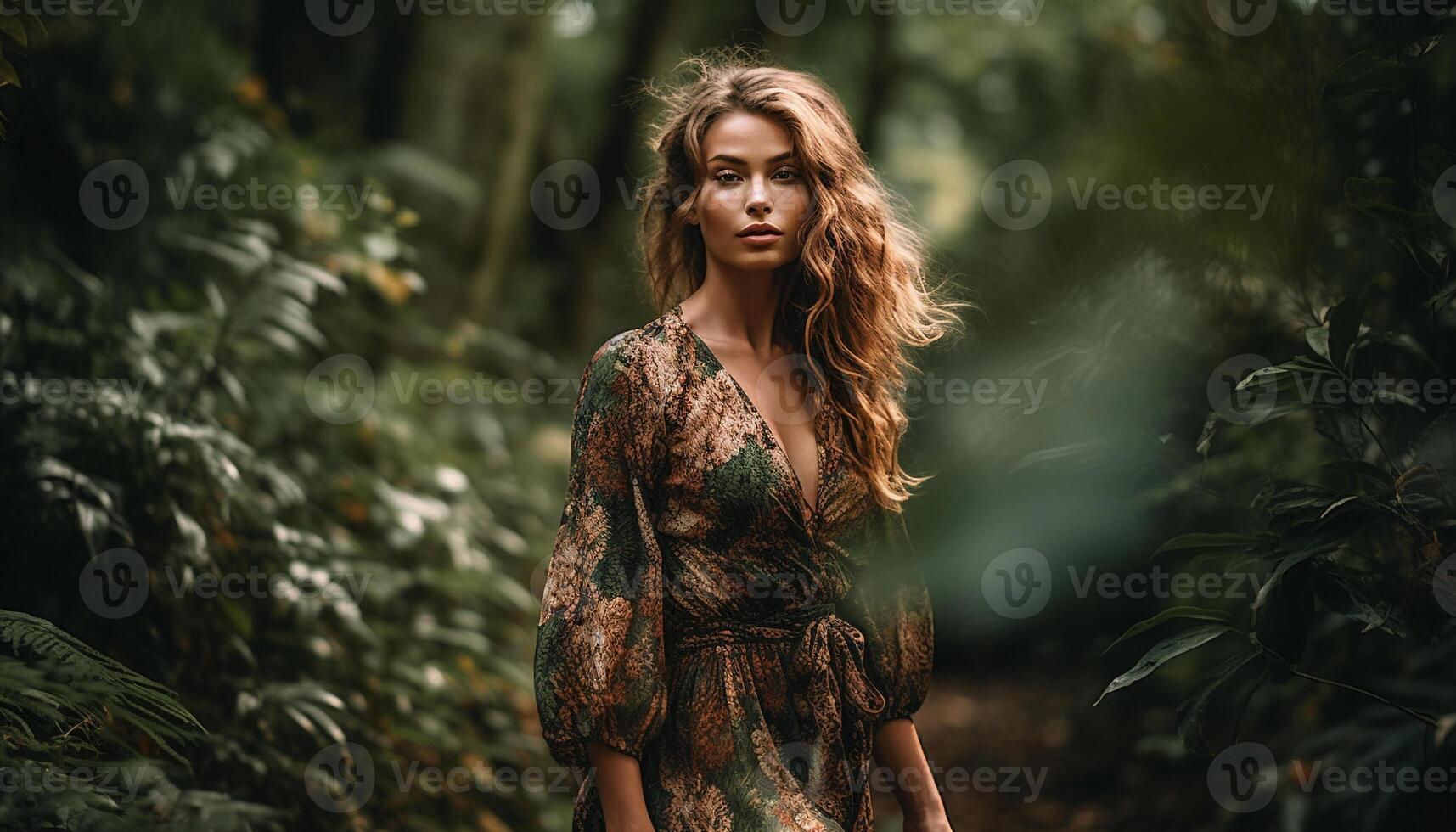AI generated Young woman in nature, standing by tree, looking at camera generated by AI photo