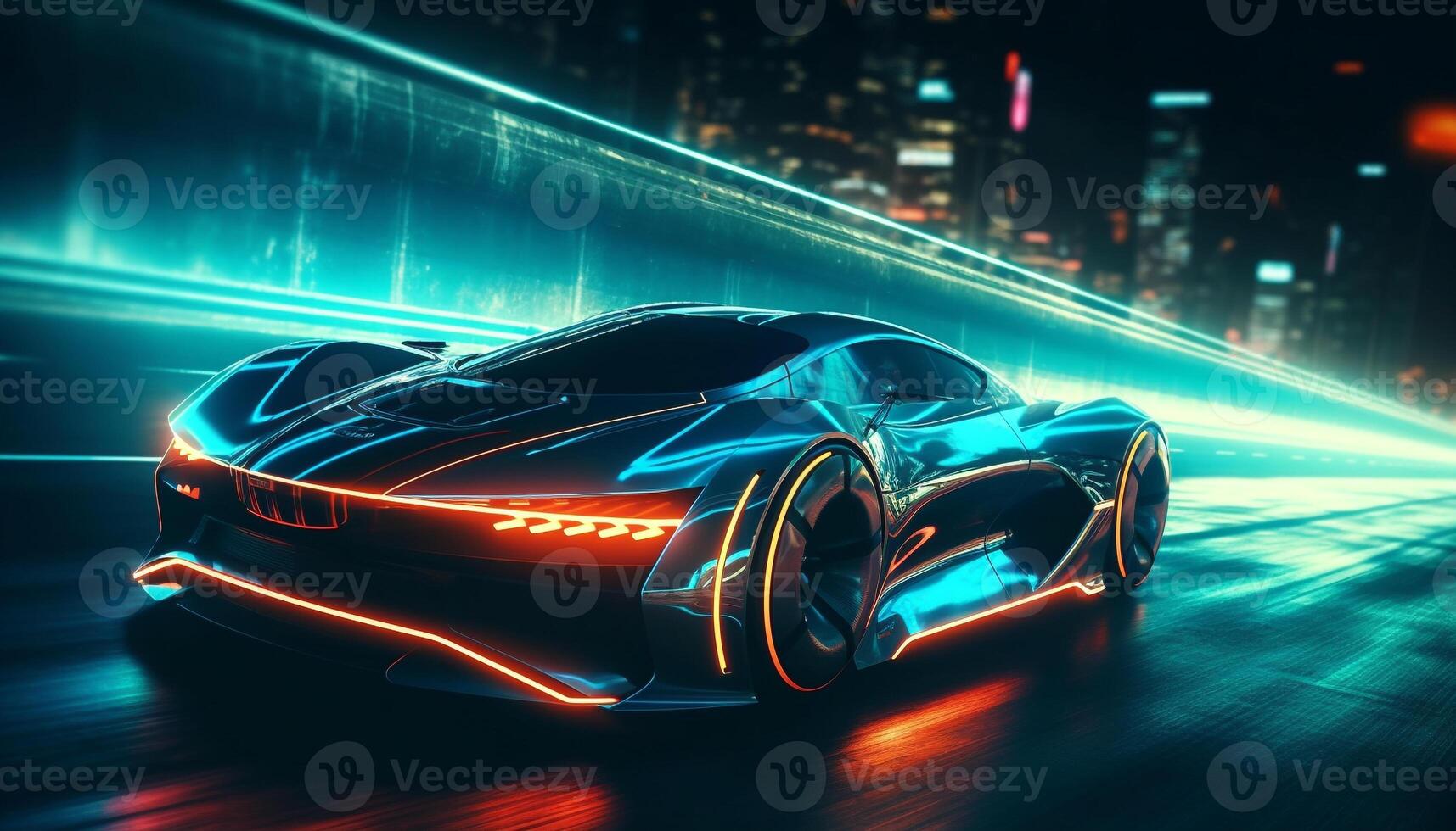 AI generated A futuristic electric car speeds through the night, glowing blue generated by AI photo
